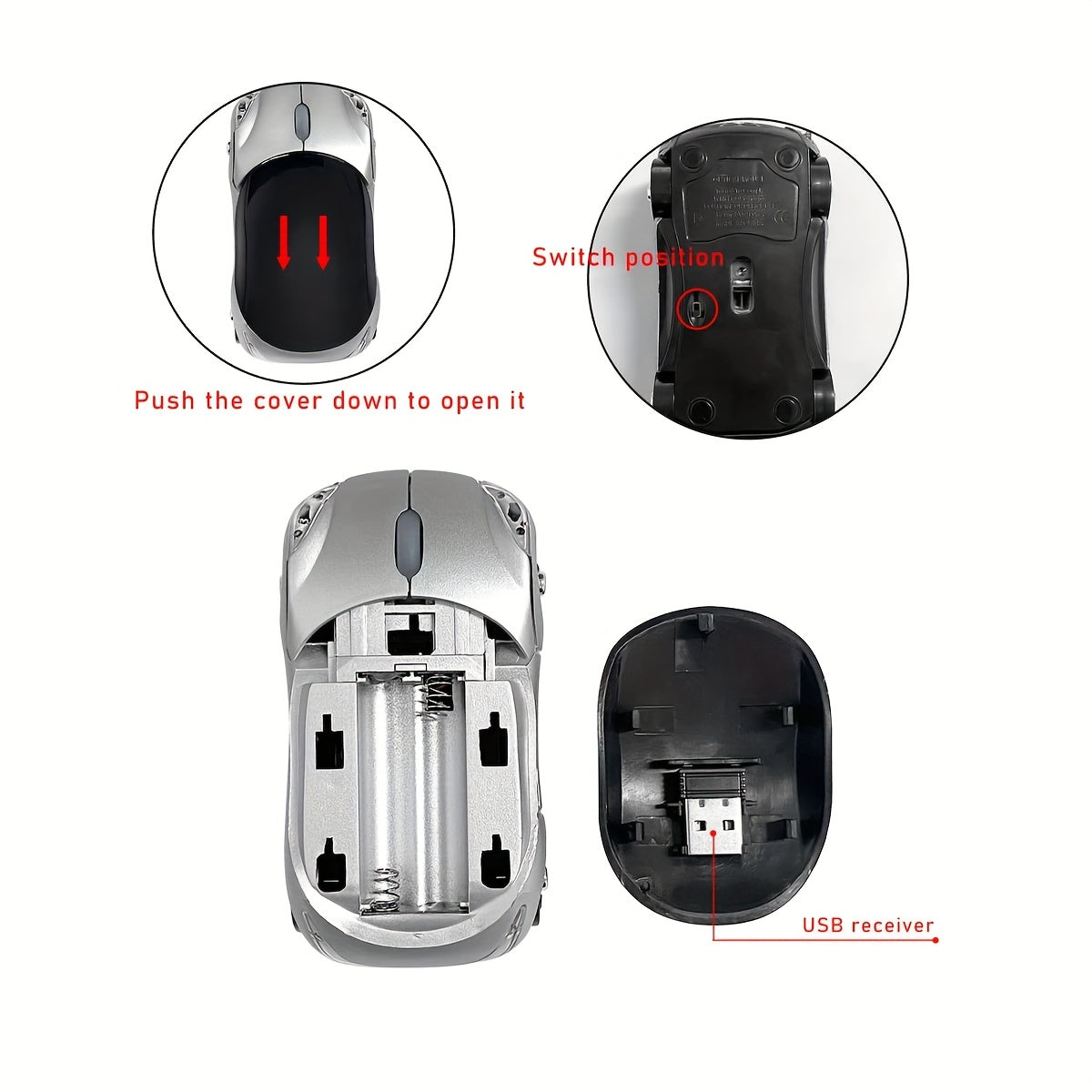 Беспроводная игровая мышь в форме автомобиля с USB 2.4G приемником, бесшумный эргономичный дизайн, регулируемая поддержка запястья, розовая с черными колесами, работающая от батареек, не перезаряжаемая.