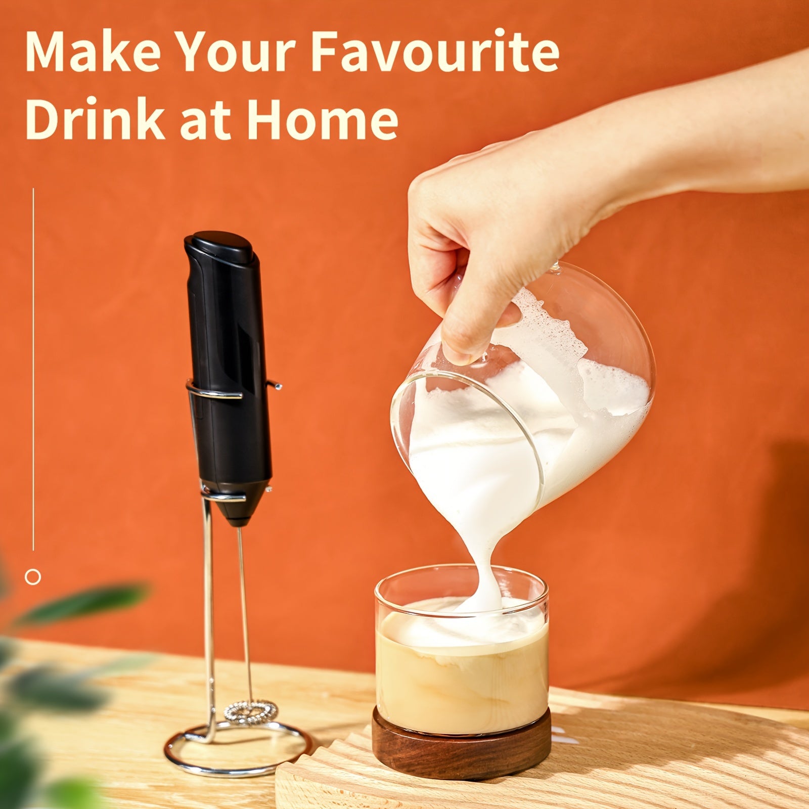 Ручной электрический взбиватель для молока, работающий на батарейках, пеновзбиватель для кофе и горячих напитков, черный