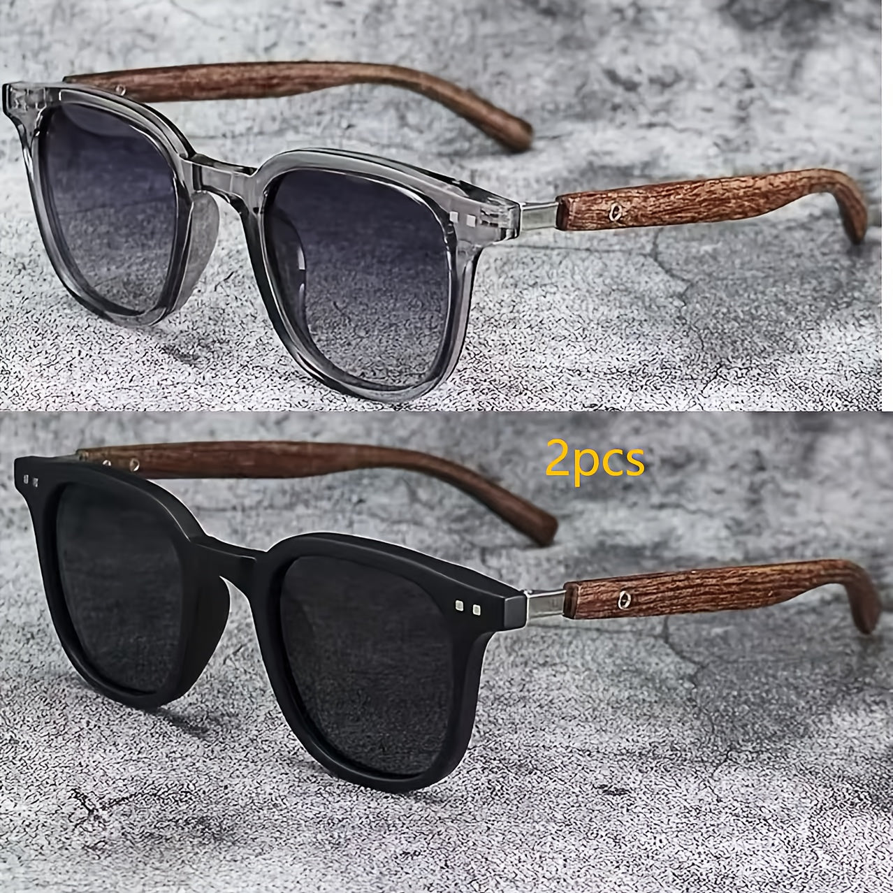 Unisex Vintage Square Glasses with Wood Grain Temples for Beach Travel