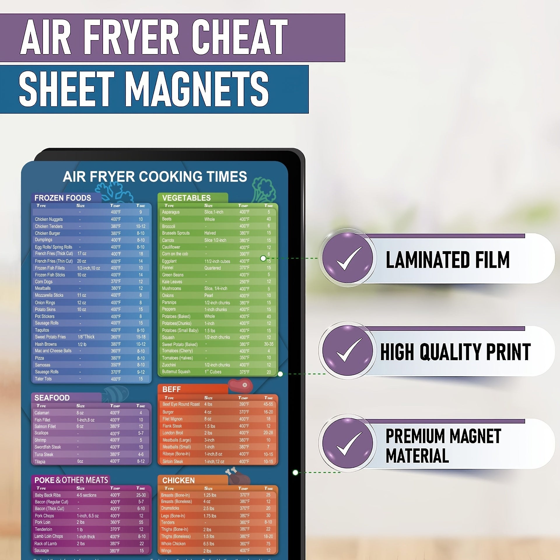 PVC material va retsept qoʻllanmasi bilan magnitli havo fritöz pishirish vaqti jadvali toʻplami