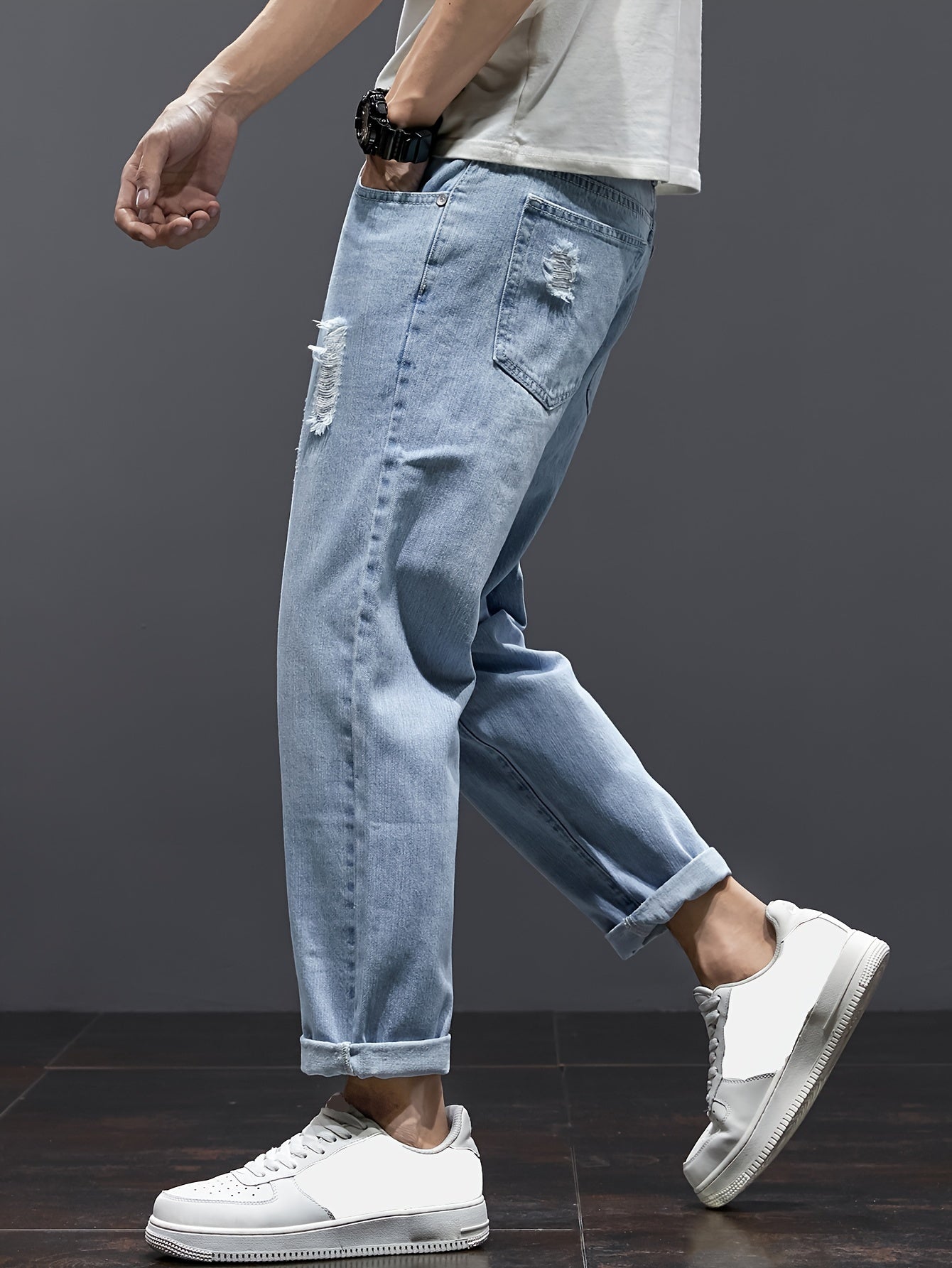 Men's Summer Distressed Cropped Denim Jeans Straight Leg Loose Fit Ripped Casual