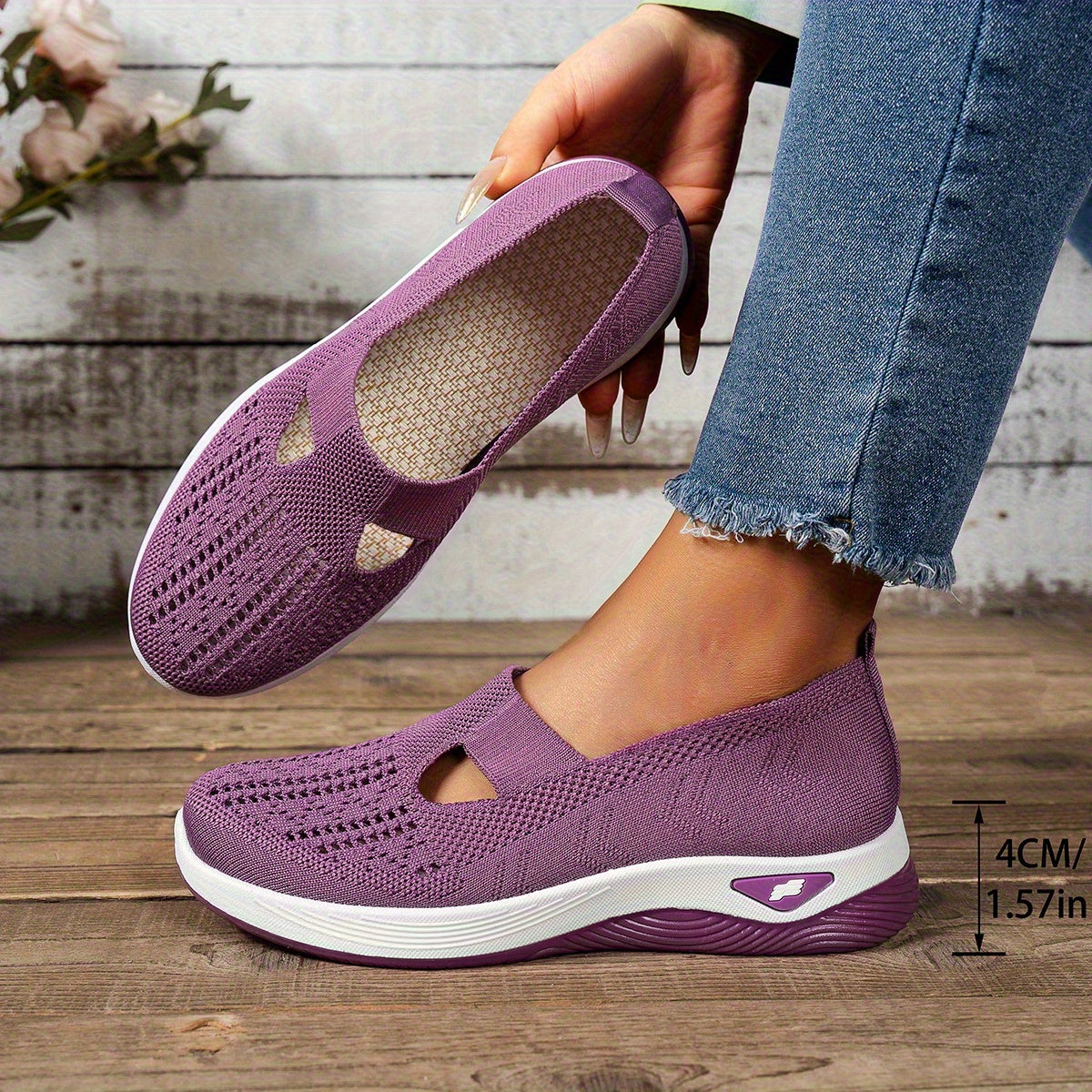 Ayollar uchun nafas oladigan tarmoqli slip-on sport poyabzali, engil yurish uchun, rezina taglik