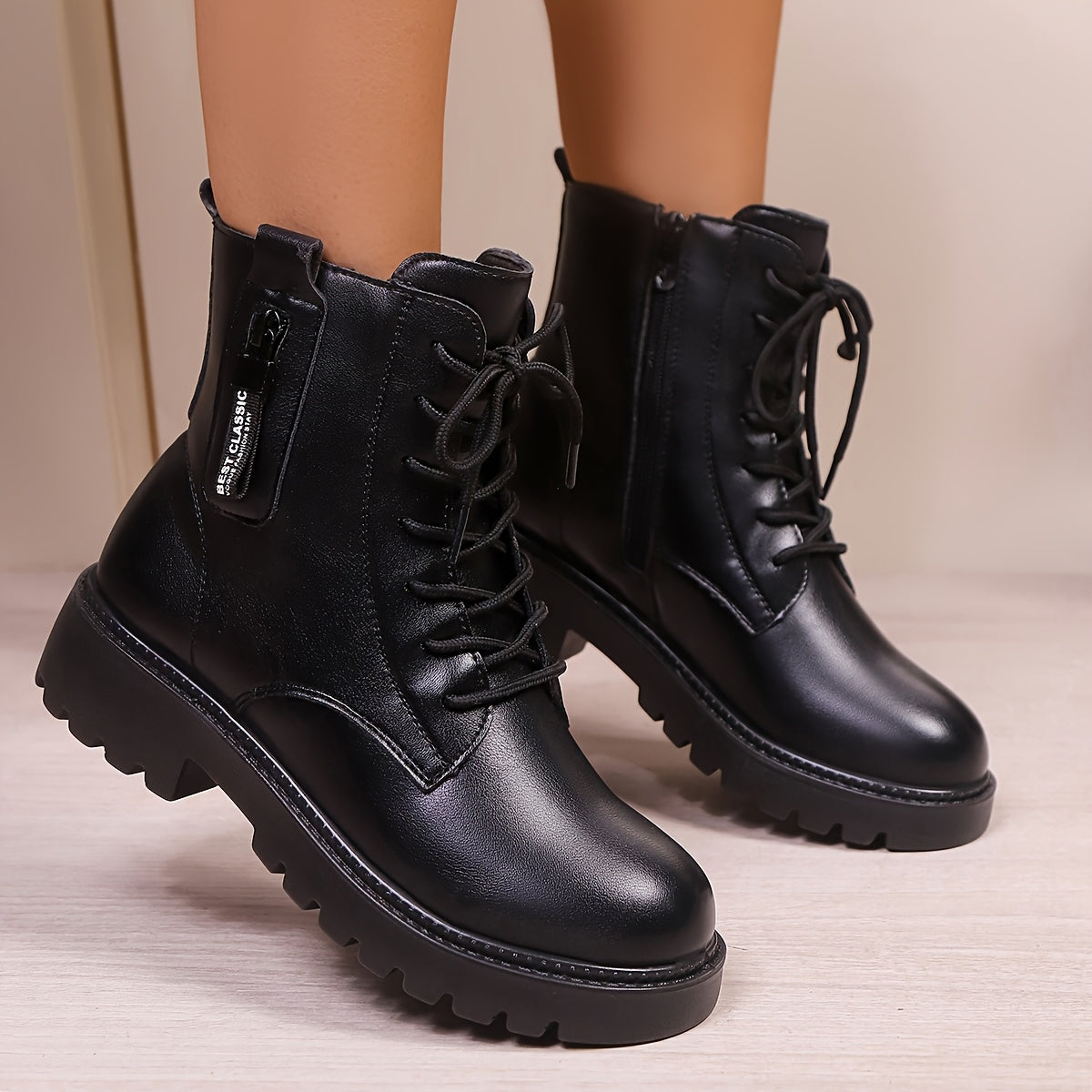 Women Anti-Slip Ankle Boots with Zipper Closure Mid-Heel Casual Shoes
