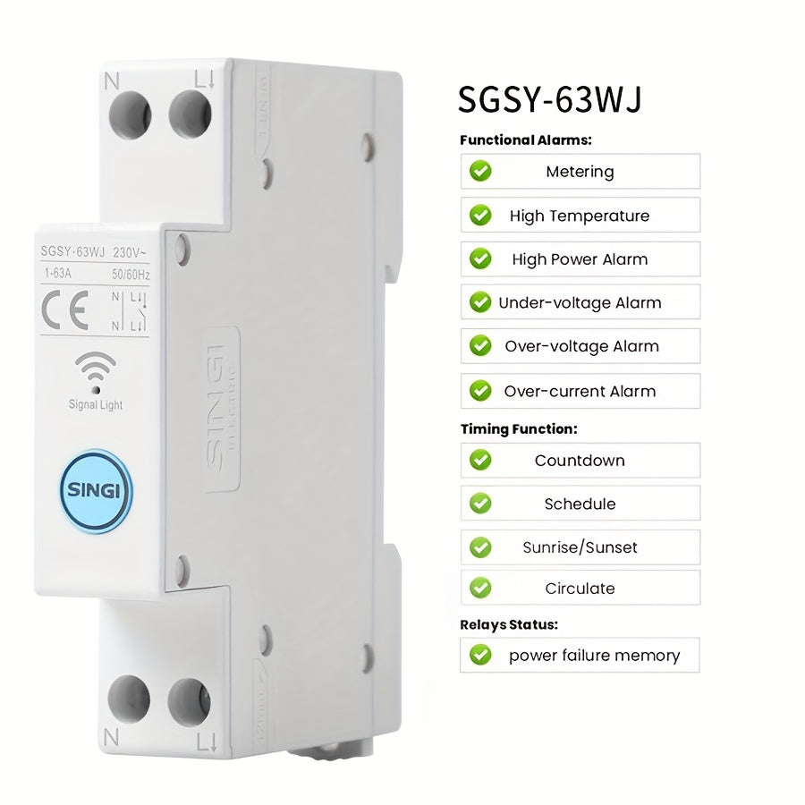 WiFi Smart Circuit Breaker Adjustable 1-63A DIN Rail Wireless Remote Control Metering Home Automation
