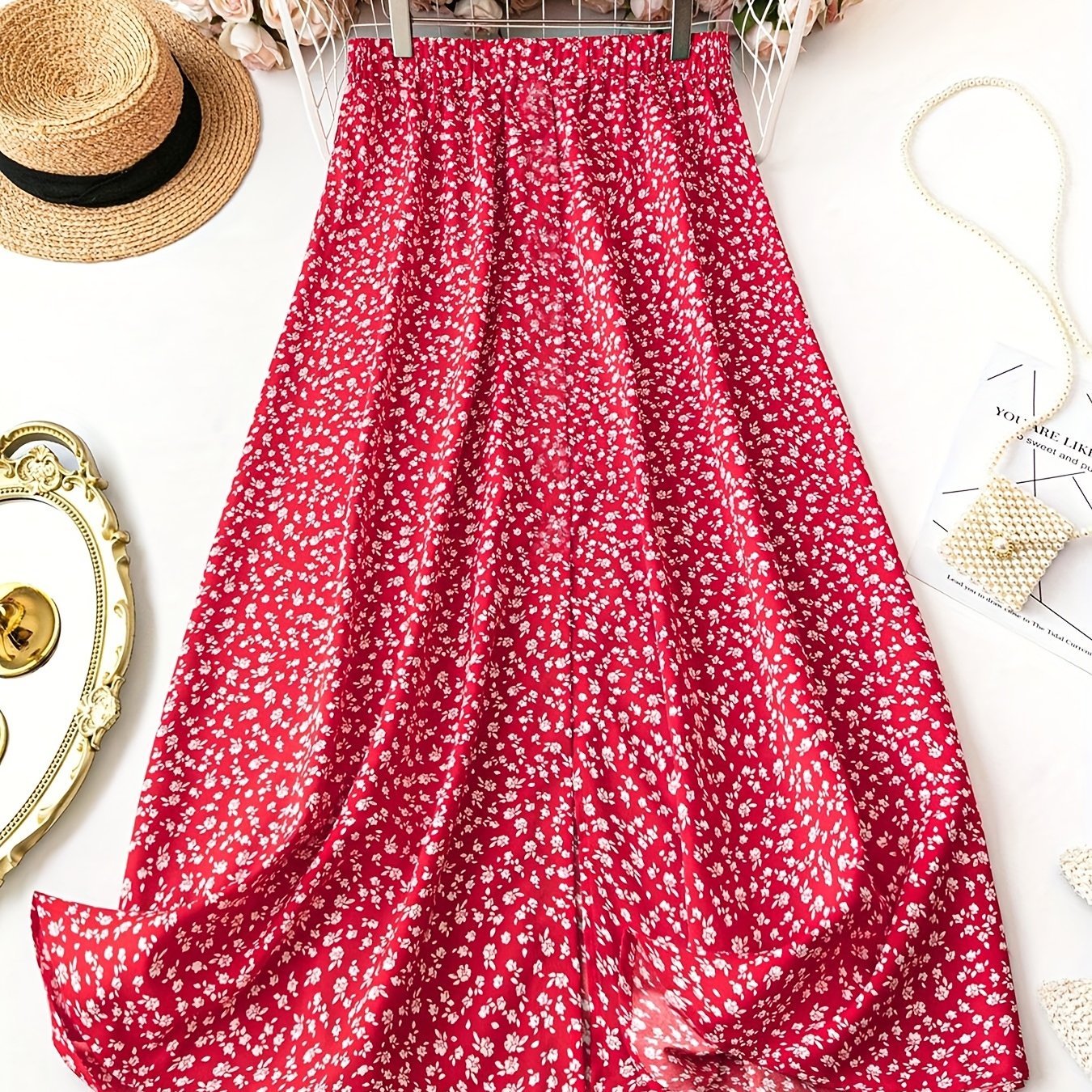 Falda de talla grande con estampado floral y detalles de botones, cintura elástica