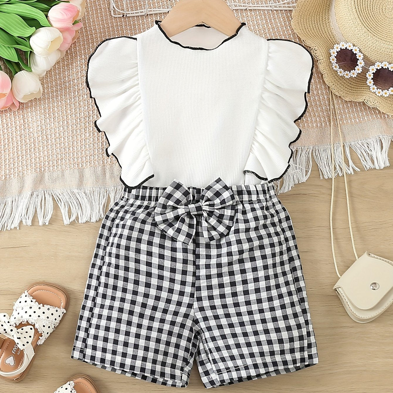 Conjunto de verano para niñas: blusa sin mangas de cuadros y pantalones cortos a cuadros para niños