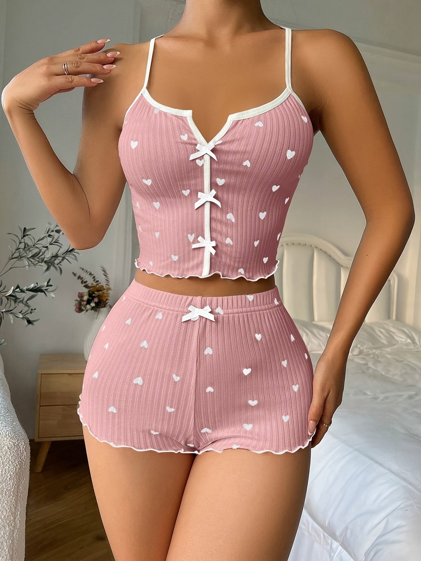 Heart Print Pajama Set with Frill Trim Backless Crop Top and Shorts for Women