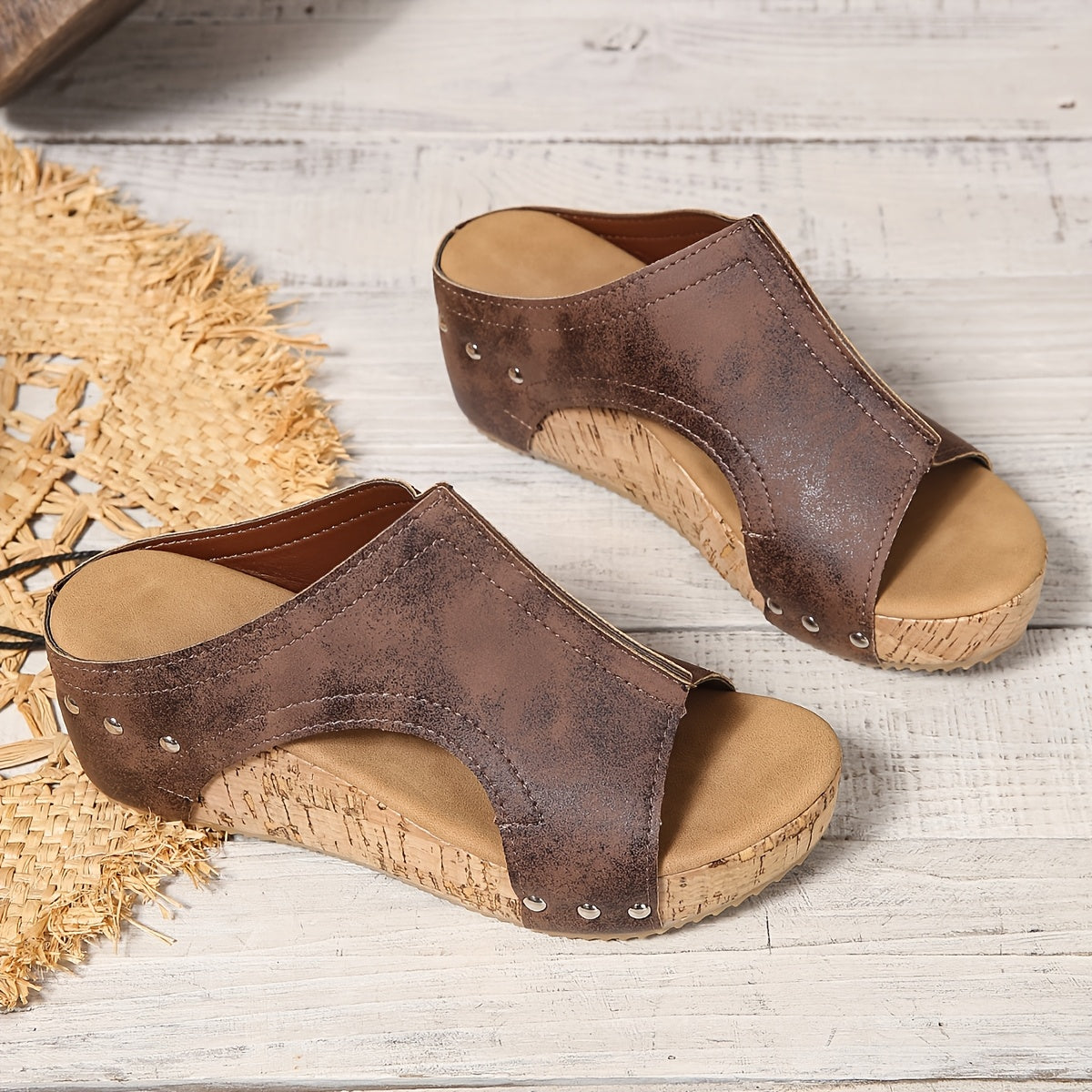 Women's Flat Heel Sandals Open Toe Slip-On Rivet Faux Leather Summer Shoes