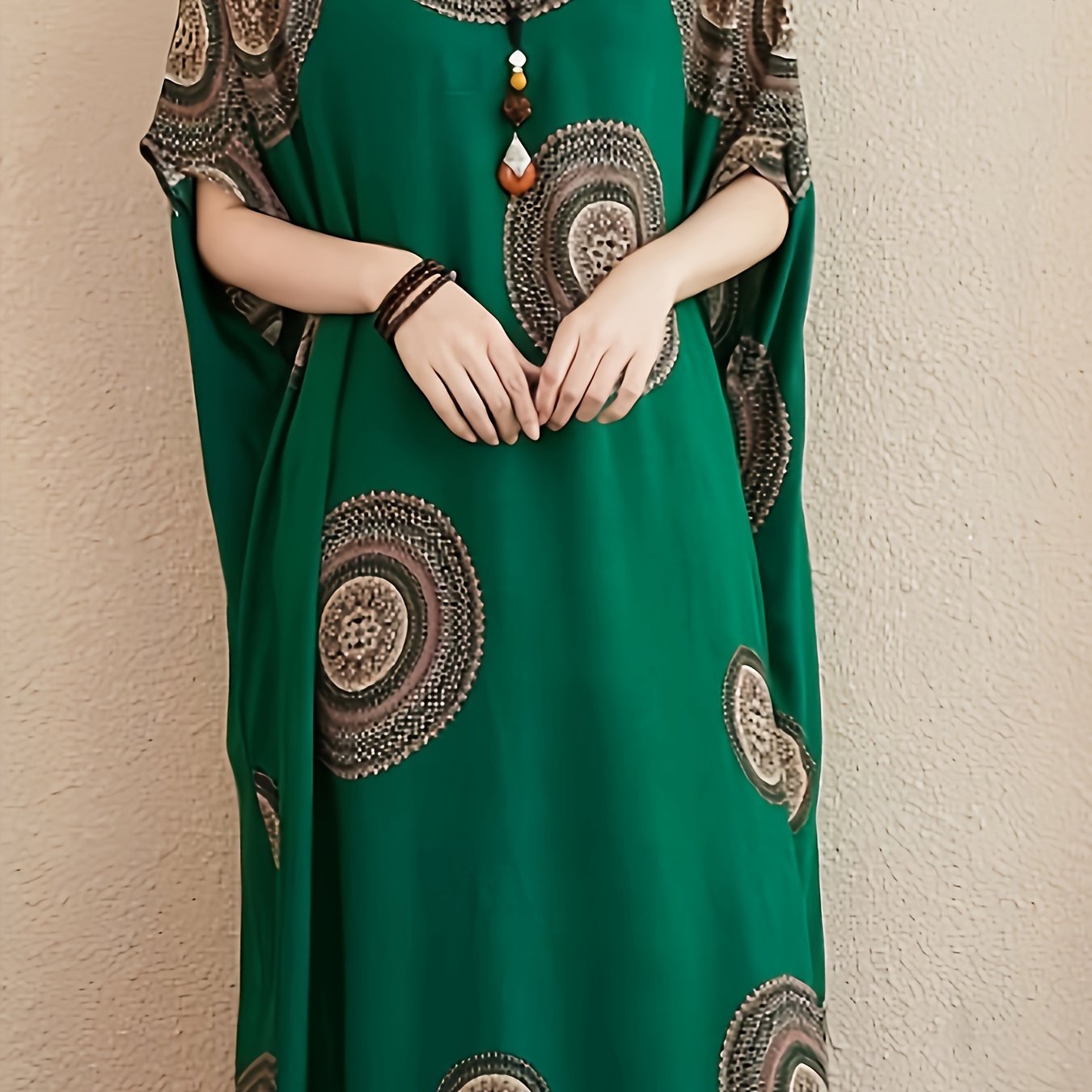 Women's Bohemian V-Neck Maxi Dress Plus Size Long Sleeve Rayon Style