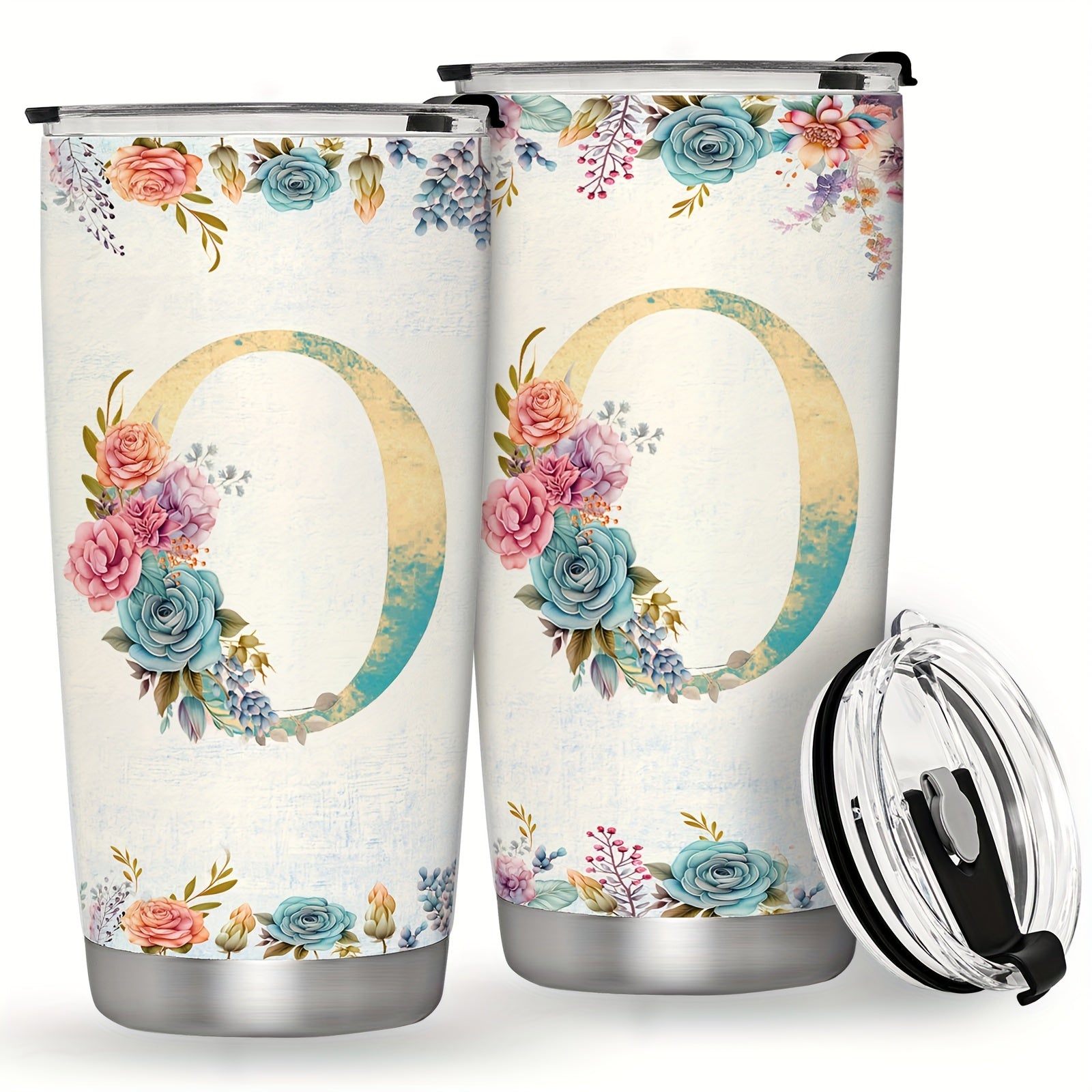 20oz Stainless Steel Tumbler with Monogram Floral Design Leak Proof Lid for Outdoor Use