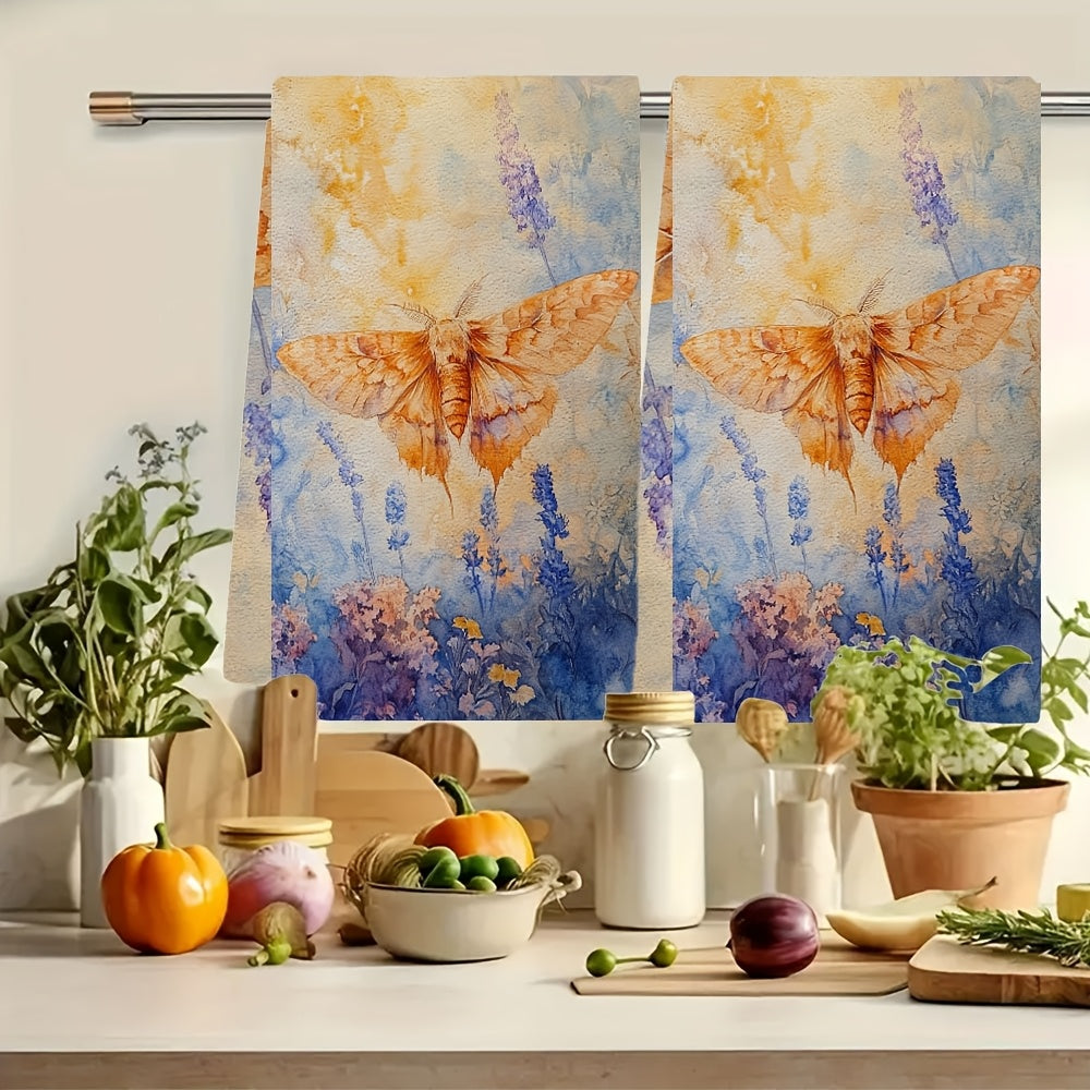 Set of 2 Soft Kitchen Towels with Moth and Floral Design, 16x24 Inches