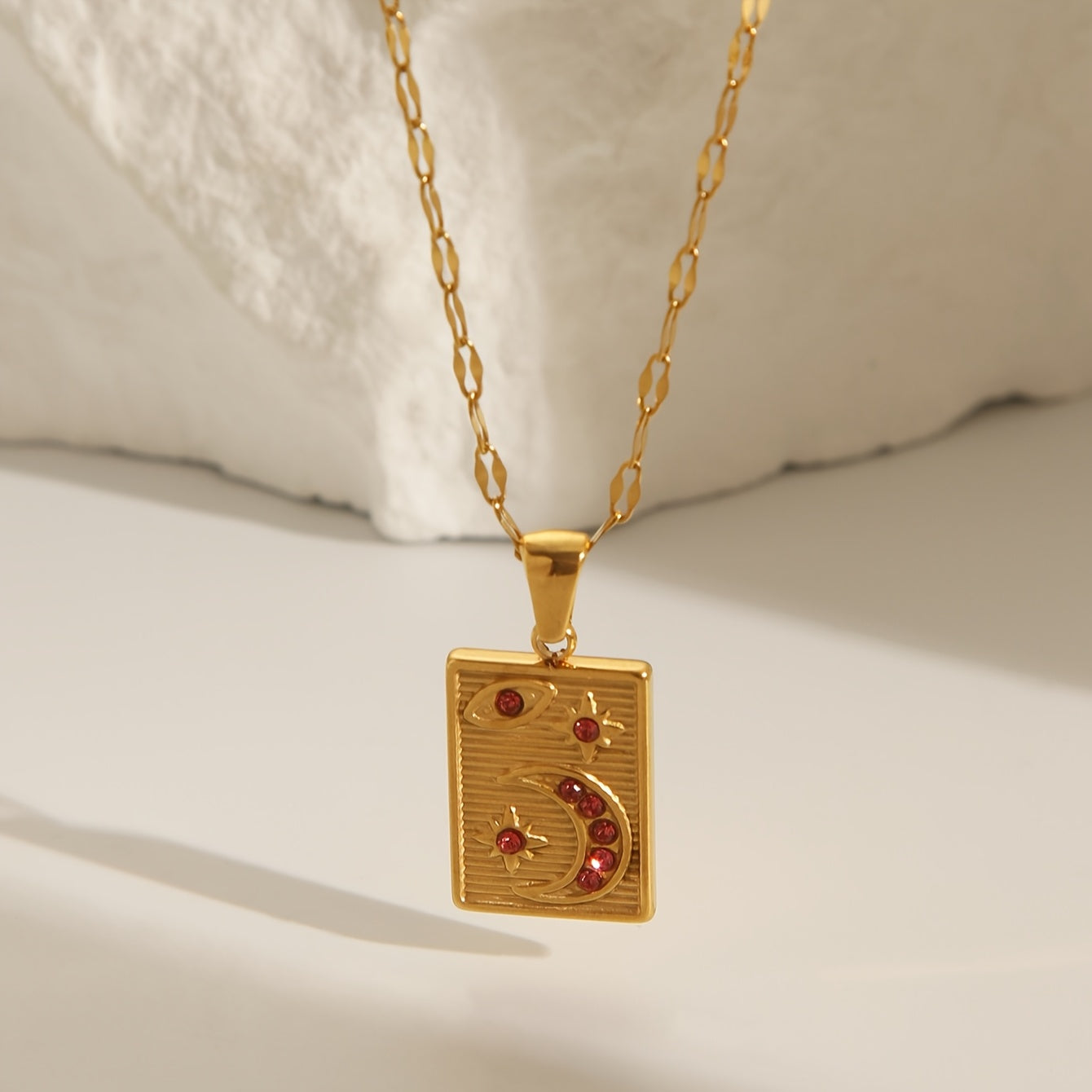 Gold Plated Stainless Steel Pendant Necklace with Geometric Rectangle and Crescent Moon Red Zirconia for Women
