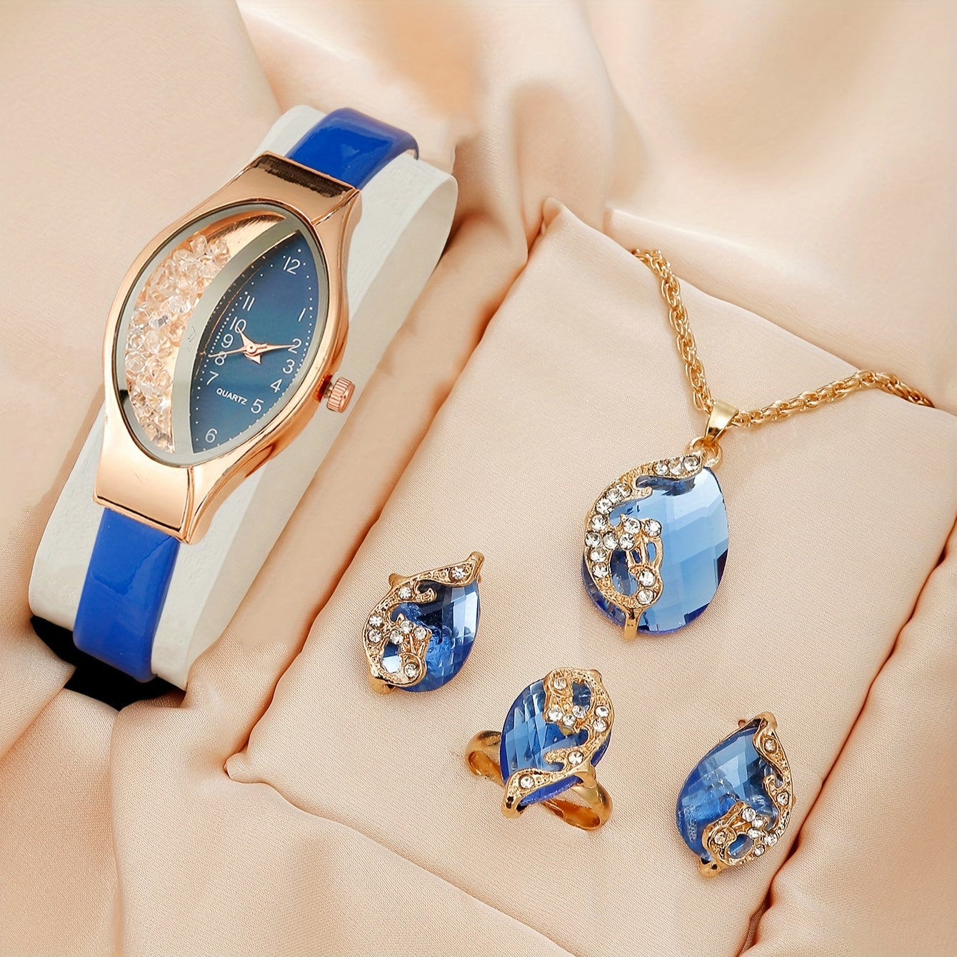 Set of 5 Women's Quicksand Oval Pointer Quartz Watches with Analog Display PU Leather Jewelry Set