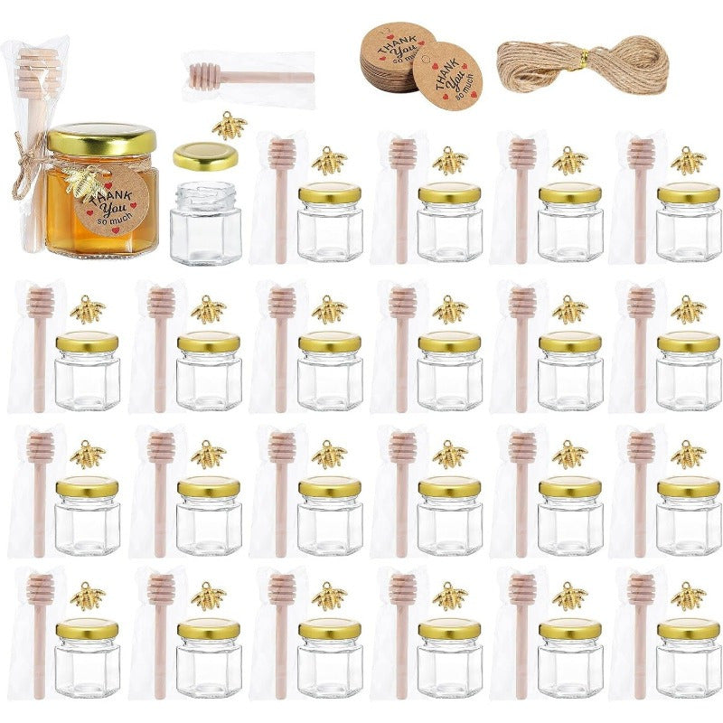 Honey Jar Set with Wooden Dipsticks Hexagonal Glass Containers Gold Lids Bee Accents for Weddings and Party Favors
