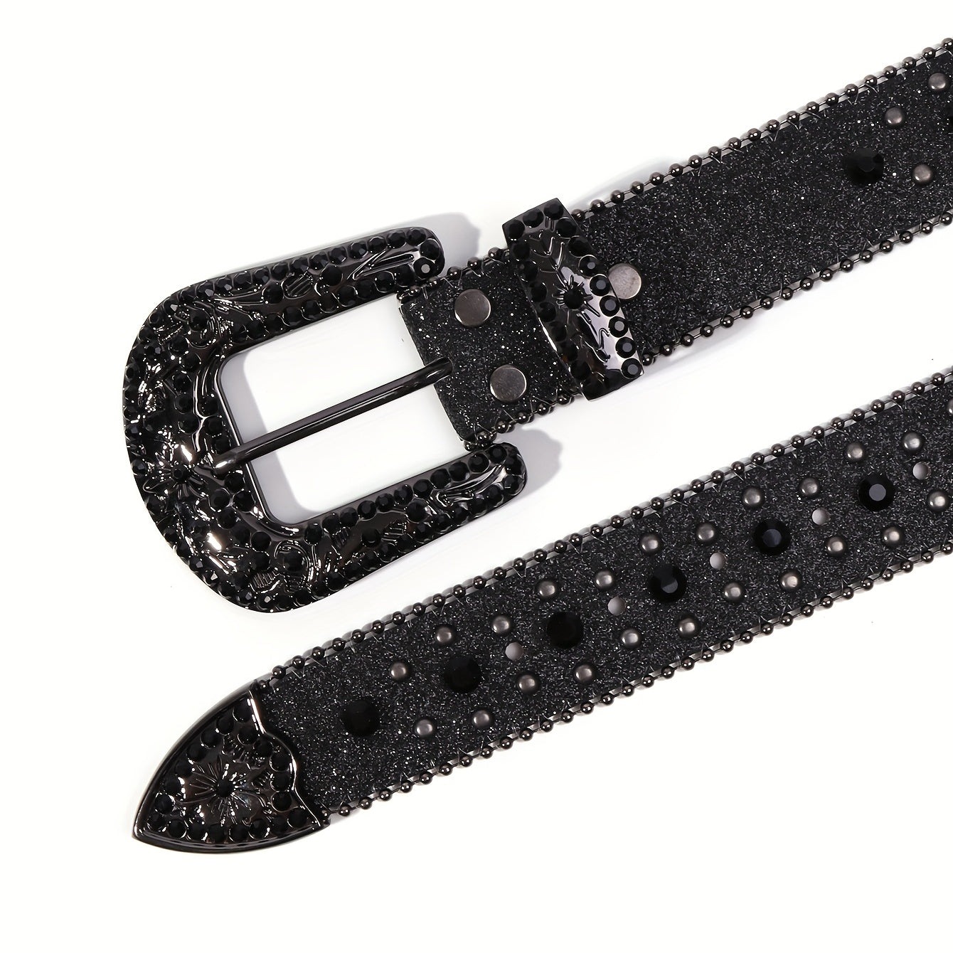Women’s Boho Leather Belt with Rhinestones and Carved Buckle for Festival and Western Jeans