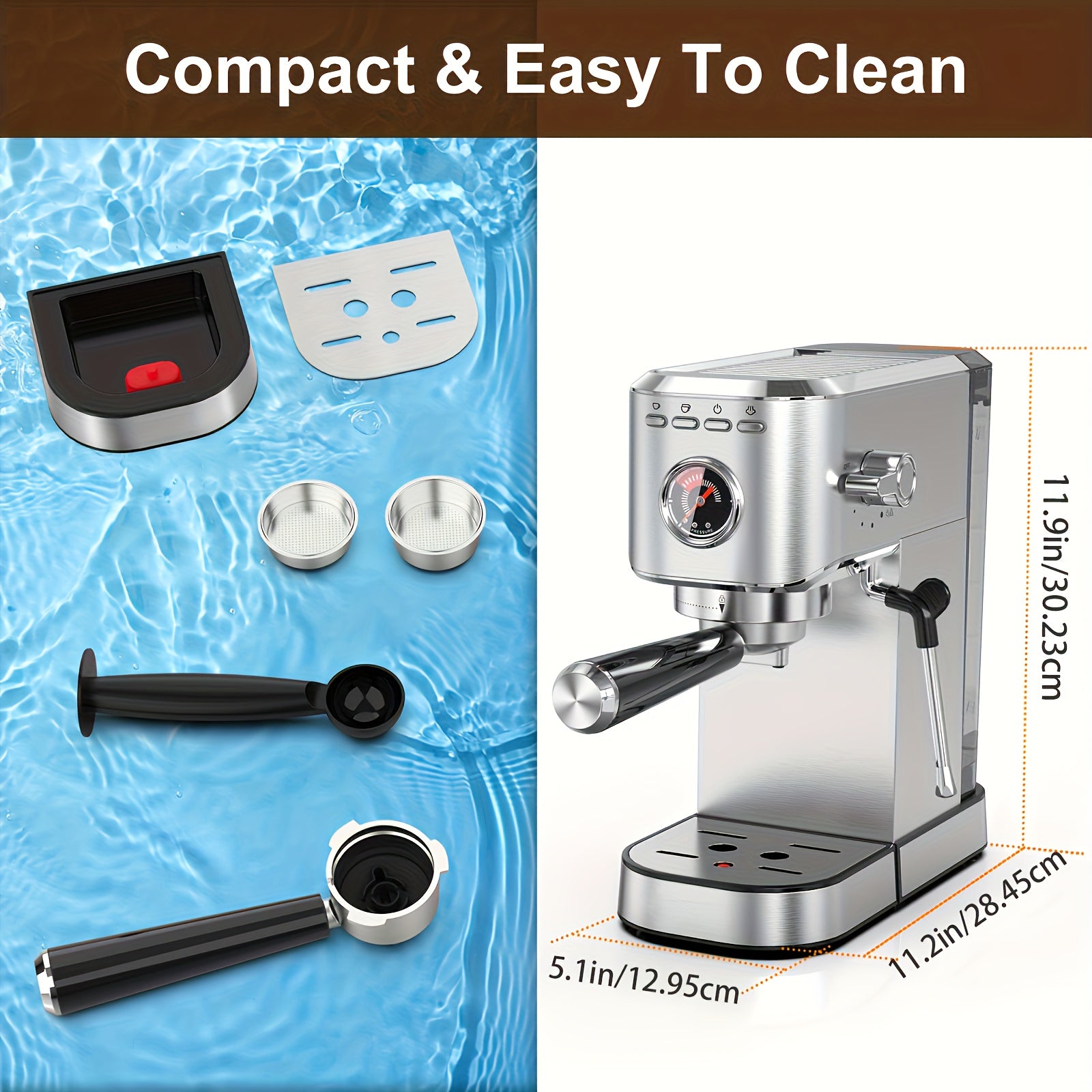 Stainless Steel Espresso Coffee Maker with 20 Bar Pump Digital Touch Screen Milk Frother for Home Office RV