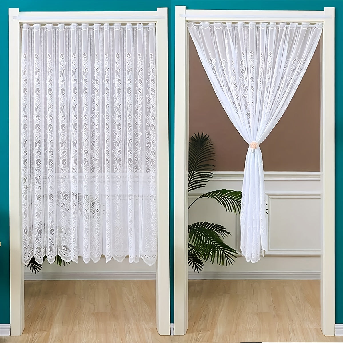 White Lace and Floral Mesh Cafe Curtain for Kitchen and Window Decor