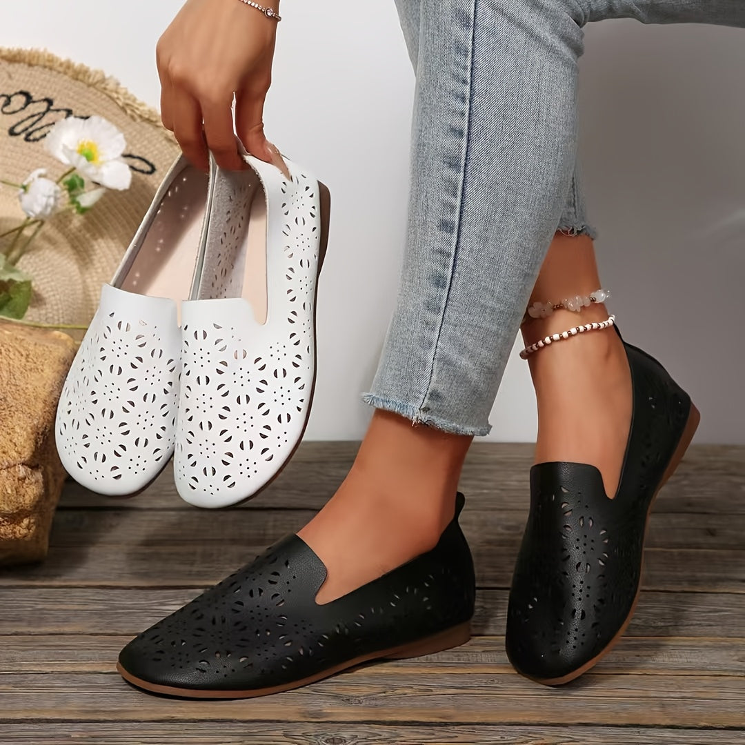Women's Breathable Slip-On Flats with Cut-Out Design White Casual Shoes