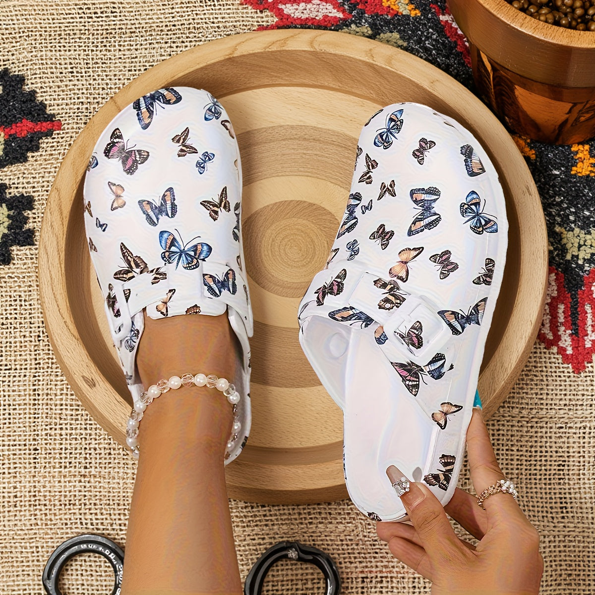 Women White Butterfly Print Slip-On Mules with EVA Sole for Casual Wear