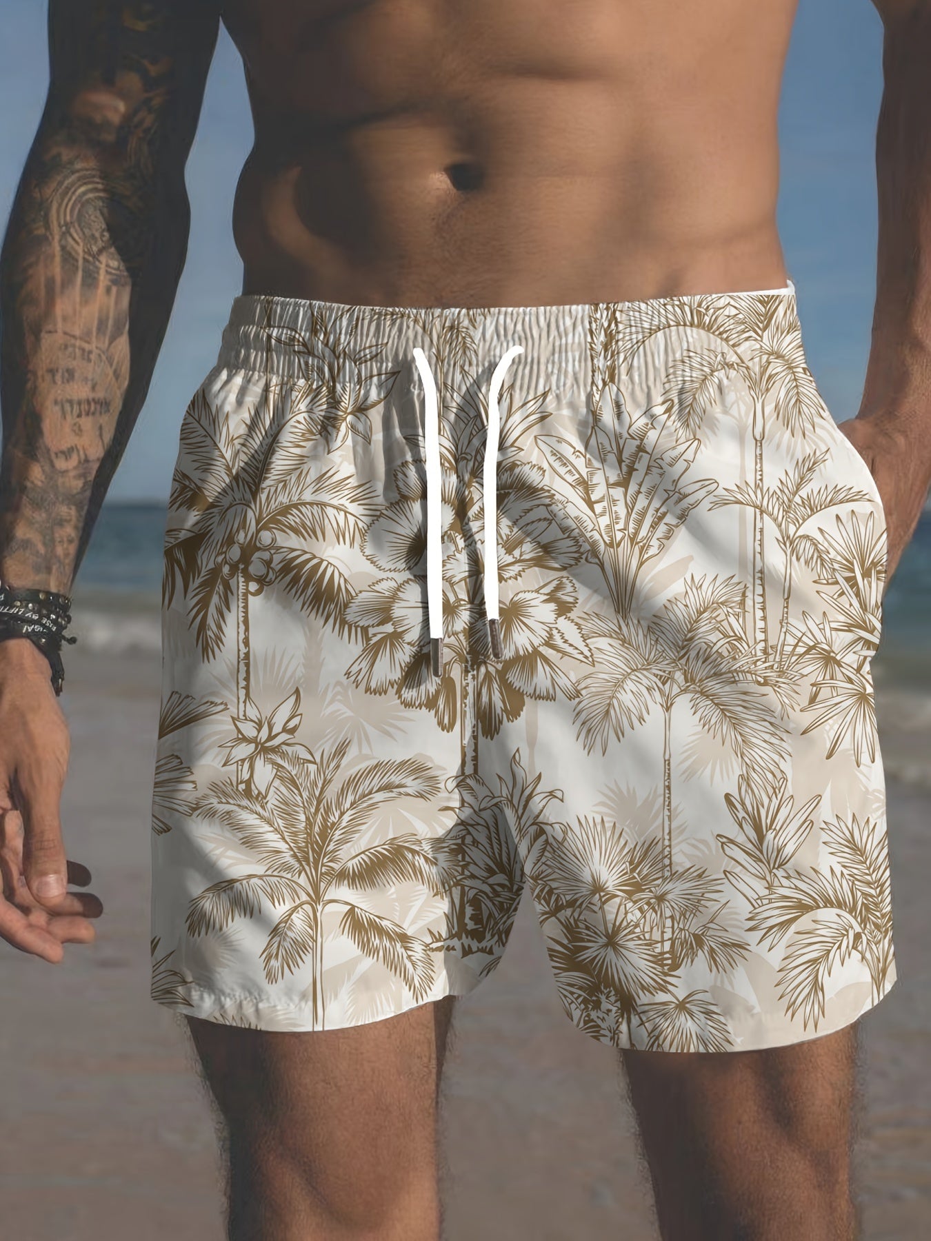 Bermudas de playa para hombre talla plus con estampado de palmeras y bolsillos, traje de baño