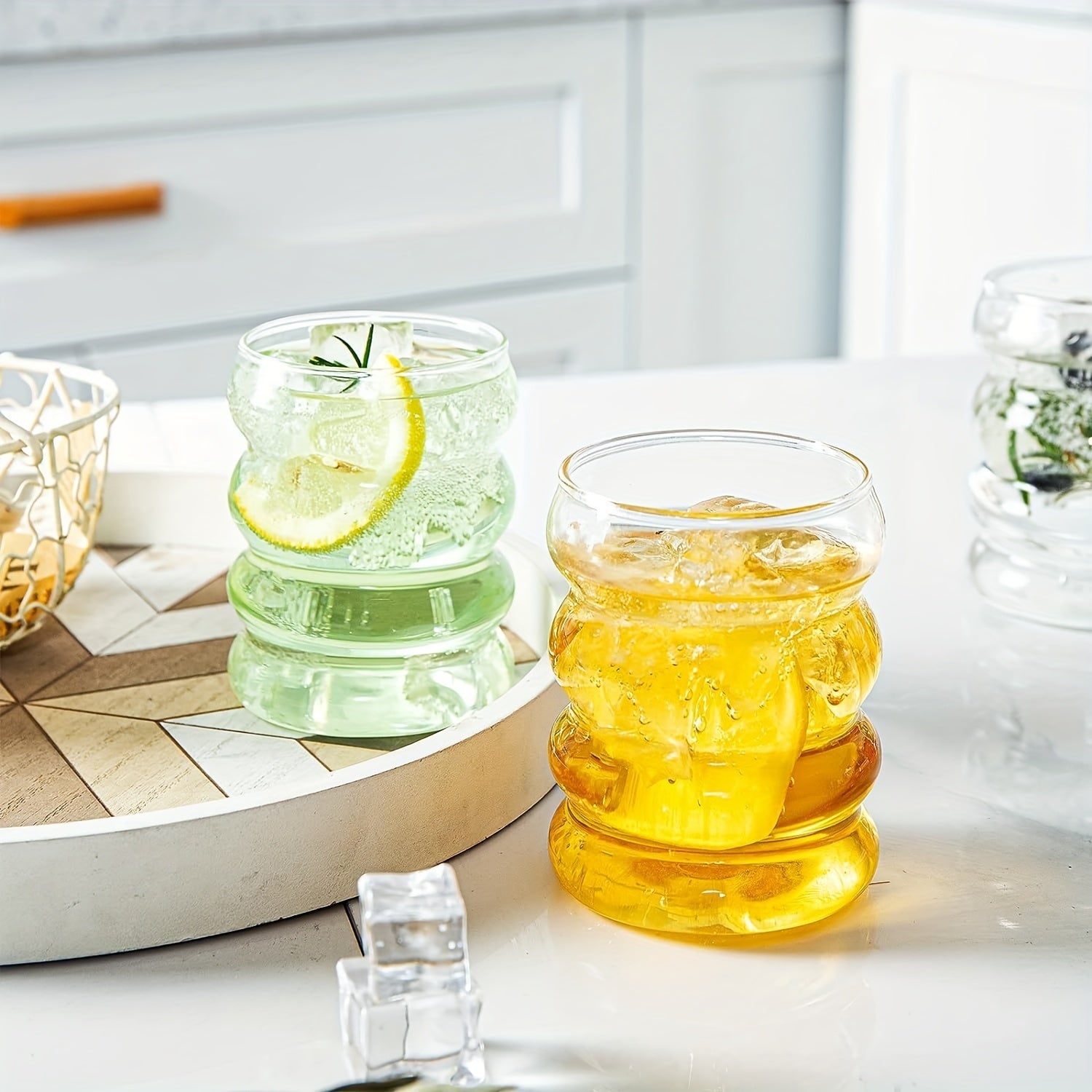 Set of 2 12oz Glass Cups with New Wave Design in Pearl Box for Coffee Juice Wine