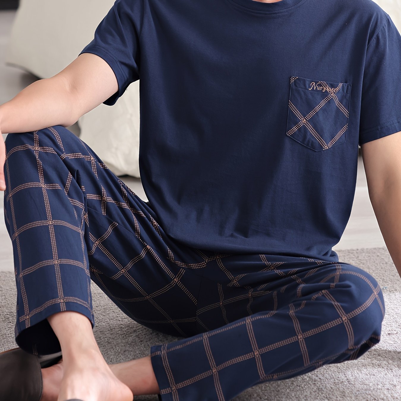Men's Plus Size Cotton Short Sleeve Pajama Set with Plaid Trousers Lounge Wear