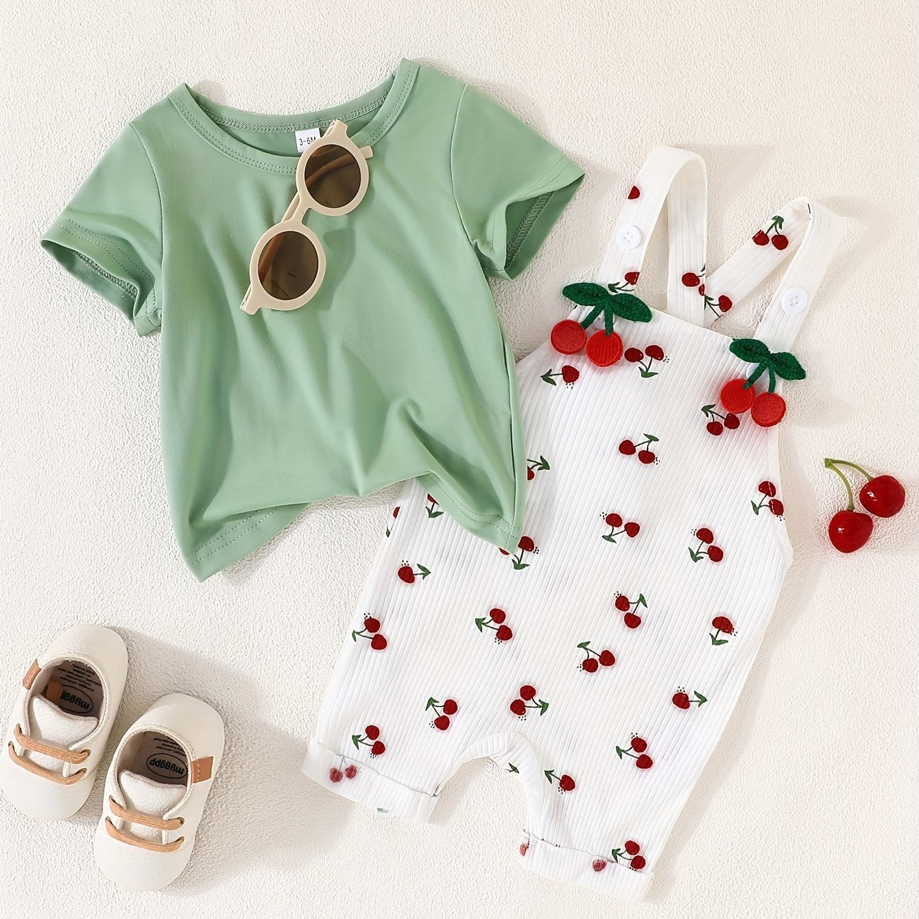 Girls' Summer Butterfly Print Romper and T-Shirt Set Lightweight Polyester Short Sleeve Casual Wear for Girls 0-3 Years