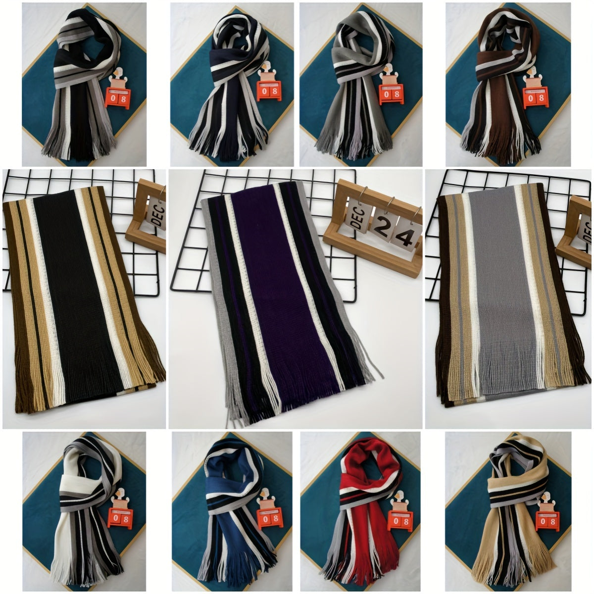 Tashqi trend uchun to'qilgan moda aksessuar - Erkaklar uchun tasma detali bilan rangli blokli chiziqli sharf, iliq akril materialdan tayyorlangan