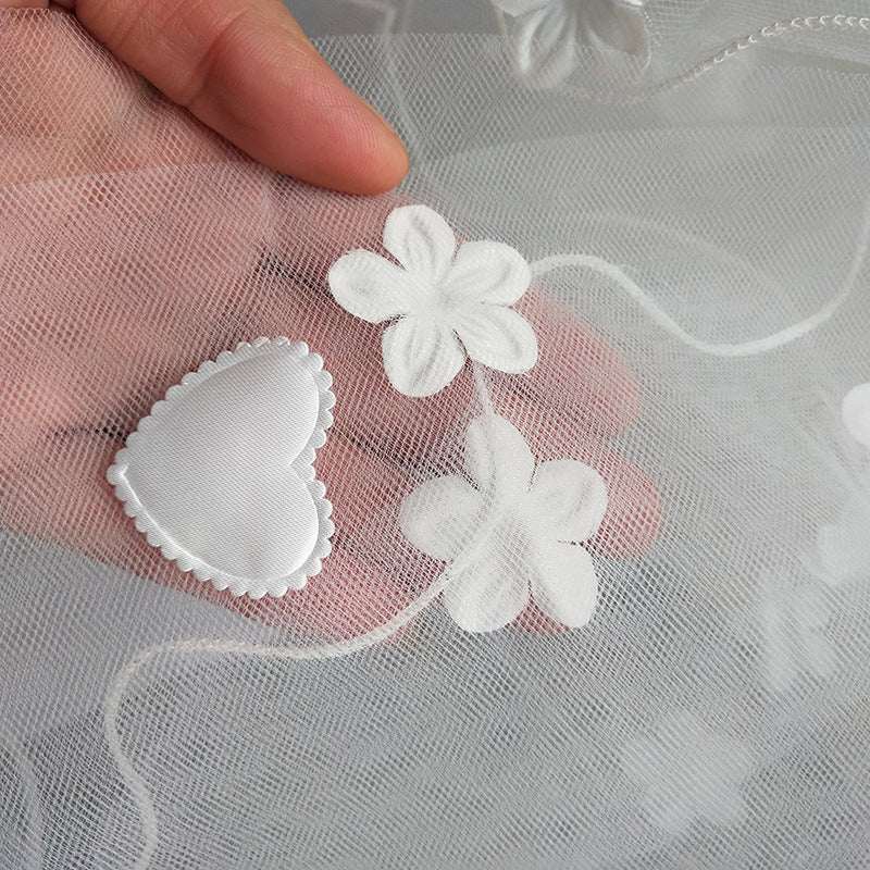 Elegant Bridal Veil with Heart-Shaped Flower Accents Long Tulle Wedding Veil with Yarn Fringe and Starry Sky Design