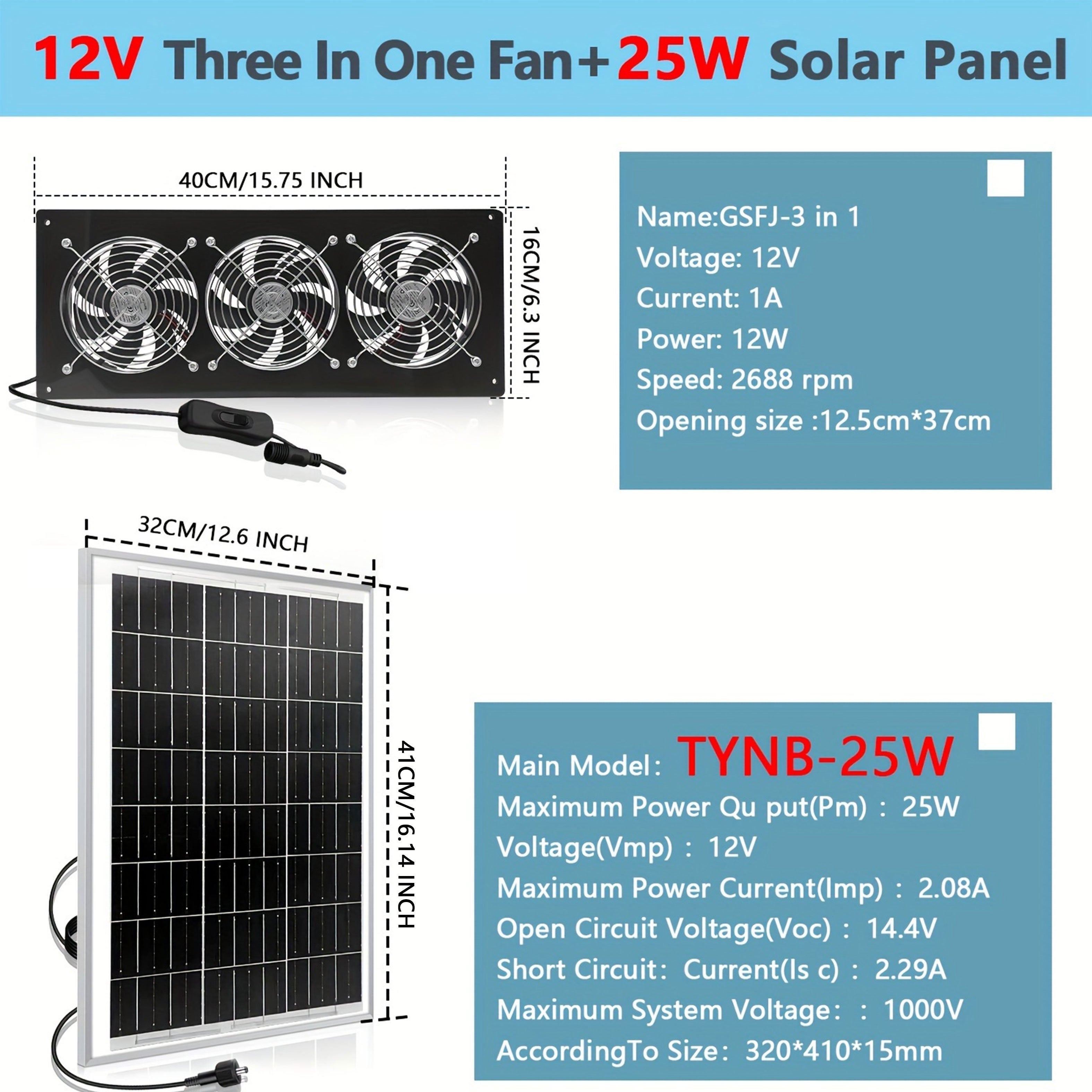 Portable 25W Solar Panel with Exhaust Fan Kit for Attic Shed RV Ventilation
