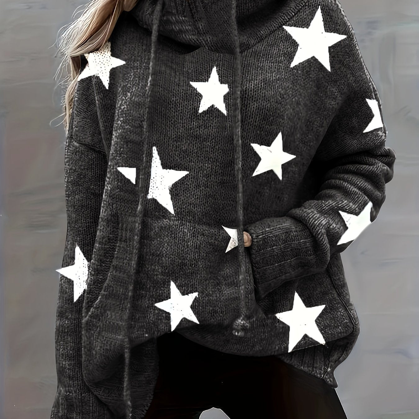 Plus Size Women’s Knit Hoodie With Pockets and Star Print