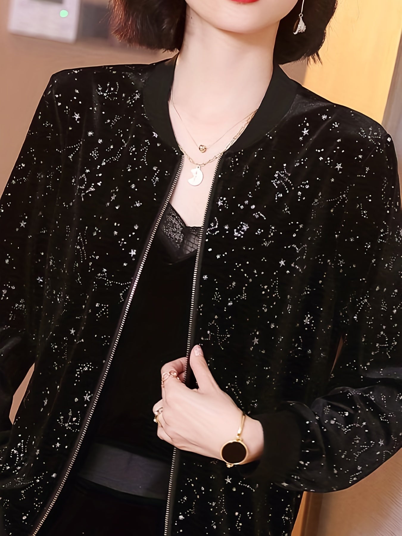 Women’s Star Print Lightweight Zip-Up Jacket with Baseball Collar for Spring and Summer