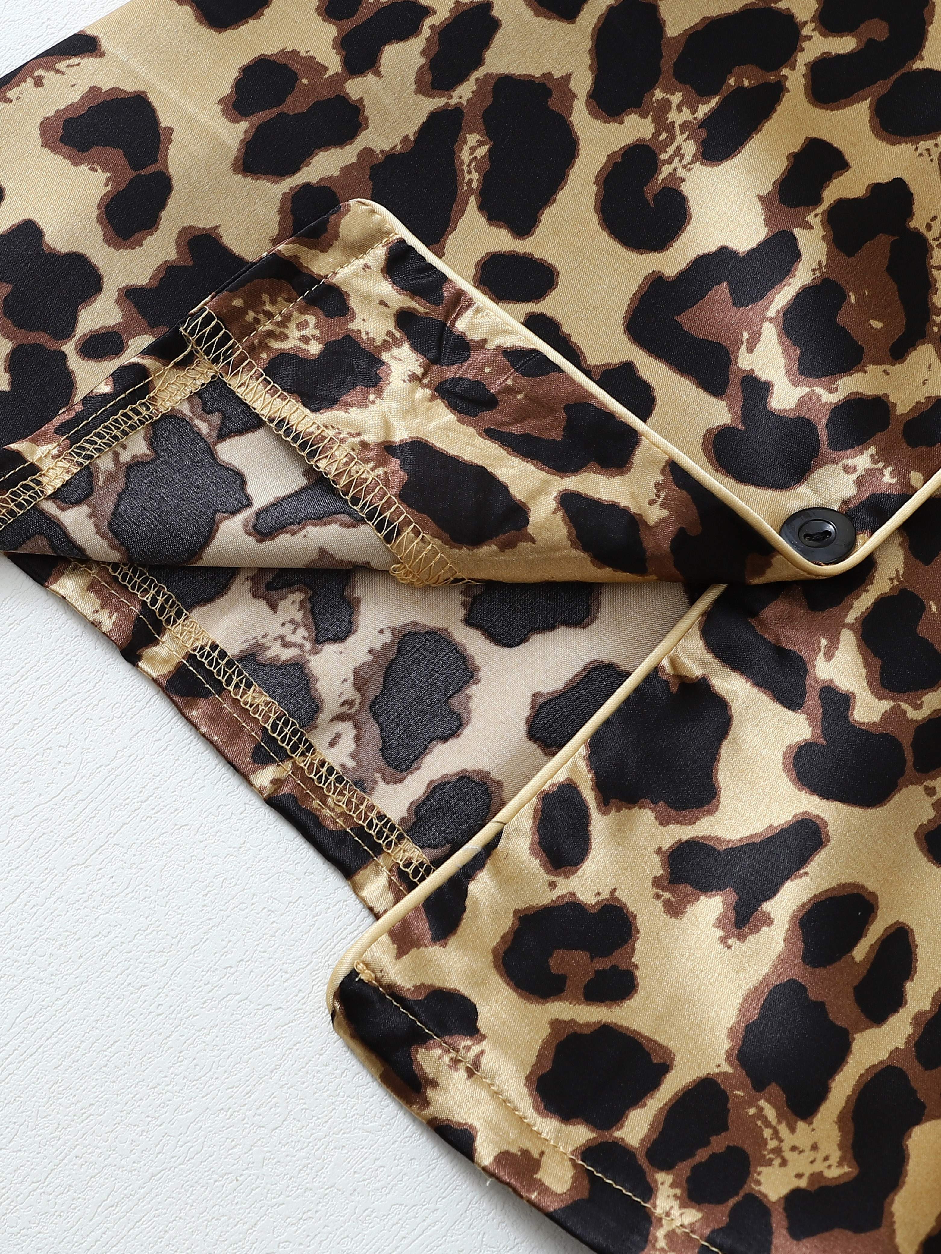 Пижамный комплект с леопардовым принтом для подростков, свободного кроя с длинными рукавами и лацканами, мягкий и удобный для ношения круглый год.