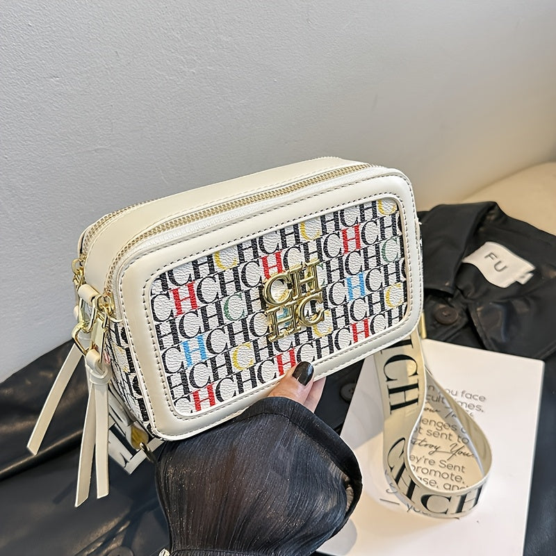 Korean Style Crossbody Bag with Contrast PU Shoulder Strap and Letter Print