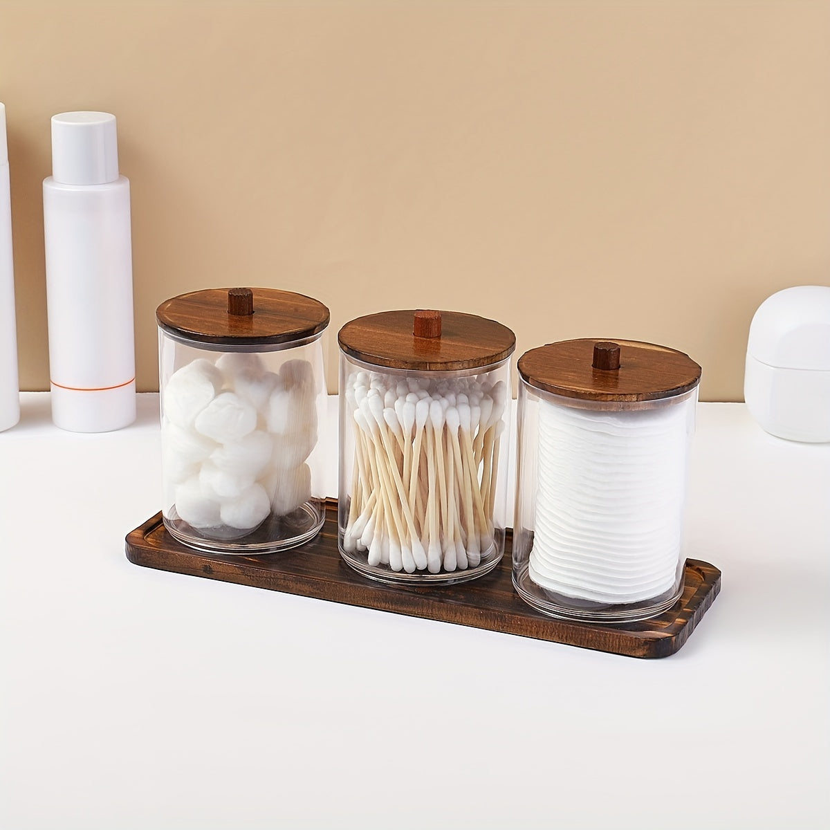 Set de organizadores de almacenamiento para baño de plástico transparente con inspiración vintage y bandeja de madera