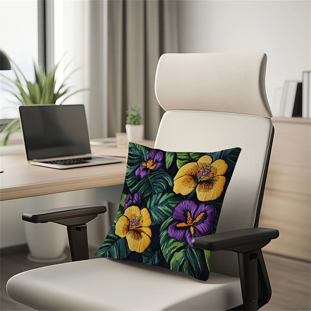 Square Pillow Cover with Tropical Floral Embroidery Polyester Zipper Closure for Home or Office Decor