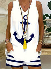 Plus Size Women's Two-Piece Set V-Neck Anchor Print Tank Top and Striped Shorts Summer Casual Vacation