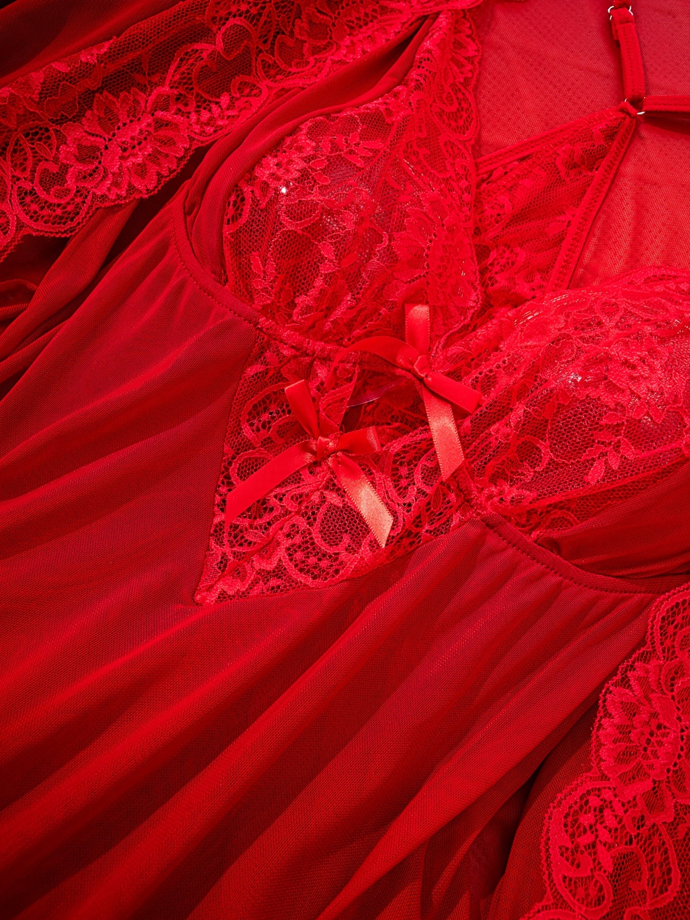 Women's Red Lace-Trimmed Semi-Sheer Lingerie Set with Robe and Slip Dress