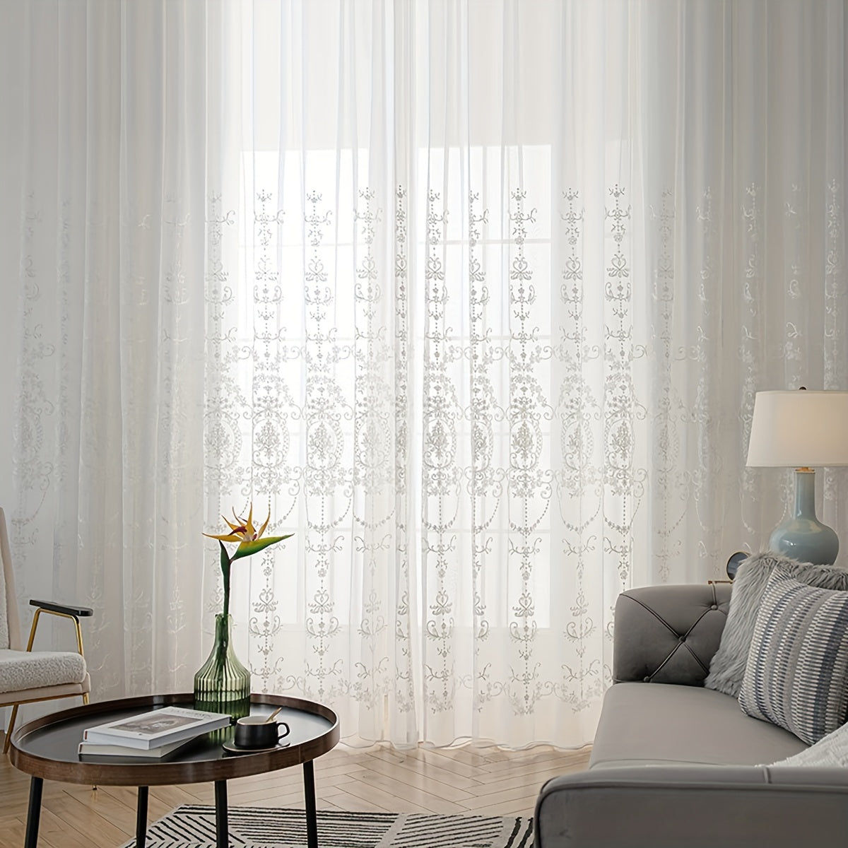 White Sheer Curtain with Geometric Flower Embroidery, Rod Pocket for Living Room Bedroom