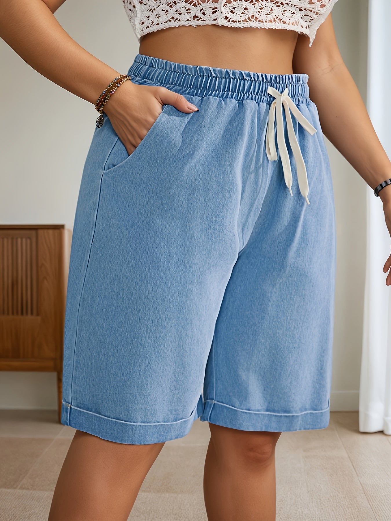 Plus Size Women's Denim Shorts Mid Length Elastic Waist Side Pockets