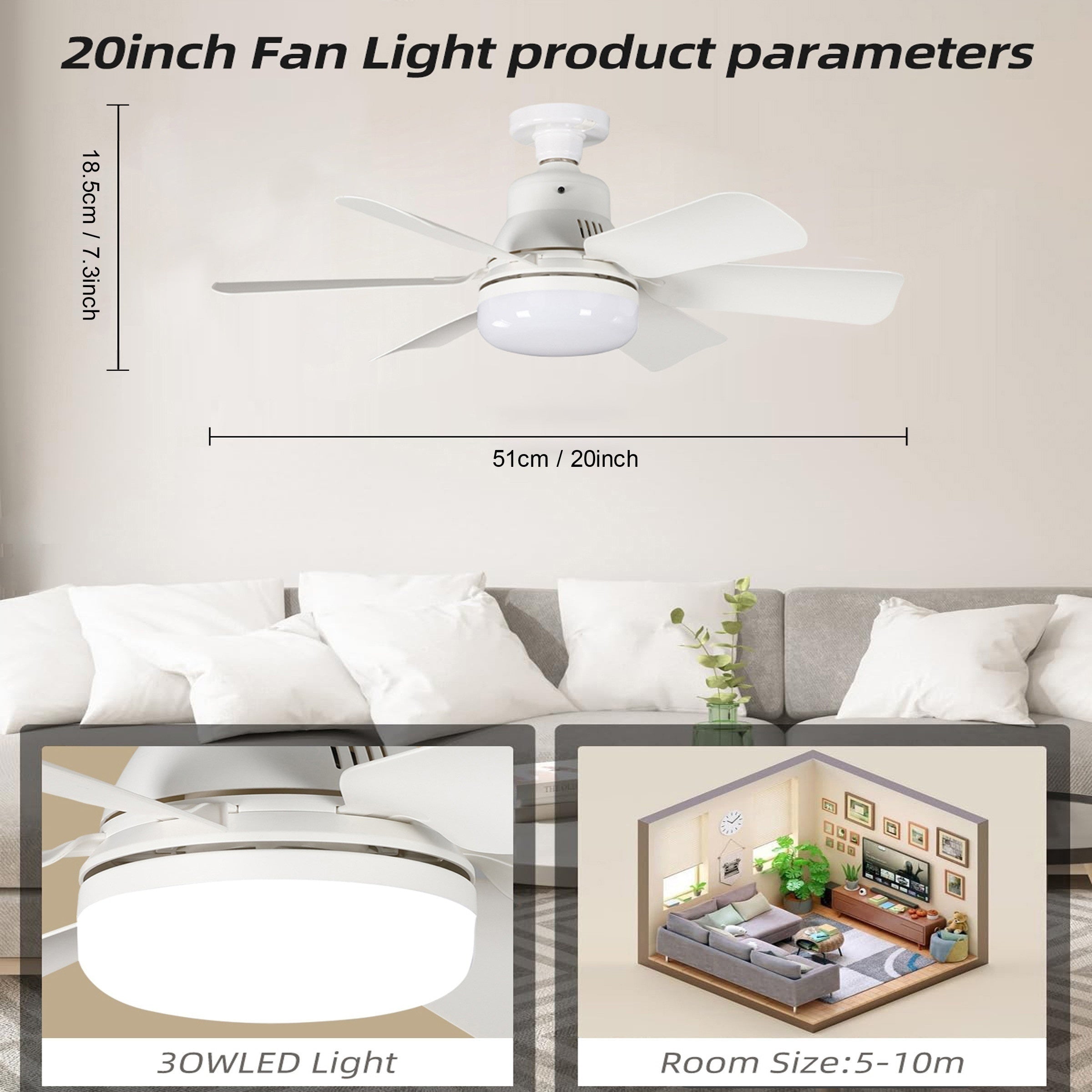 LED aqlli shift ventilyatori yoritgichi masofadan boshqarish pult bilan, oq, suv o'tkazmaydigan emas, tekis o'rnatish, 85V-265V, batareyasiz, ichki foydalanish, 3 tezlik, oson o'rnatish, yashash xonasi, yotoqxona uchun mos.