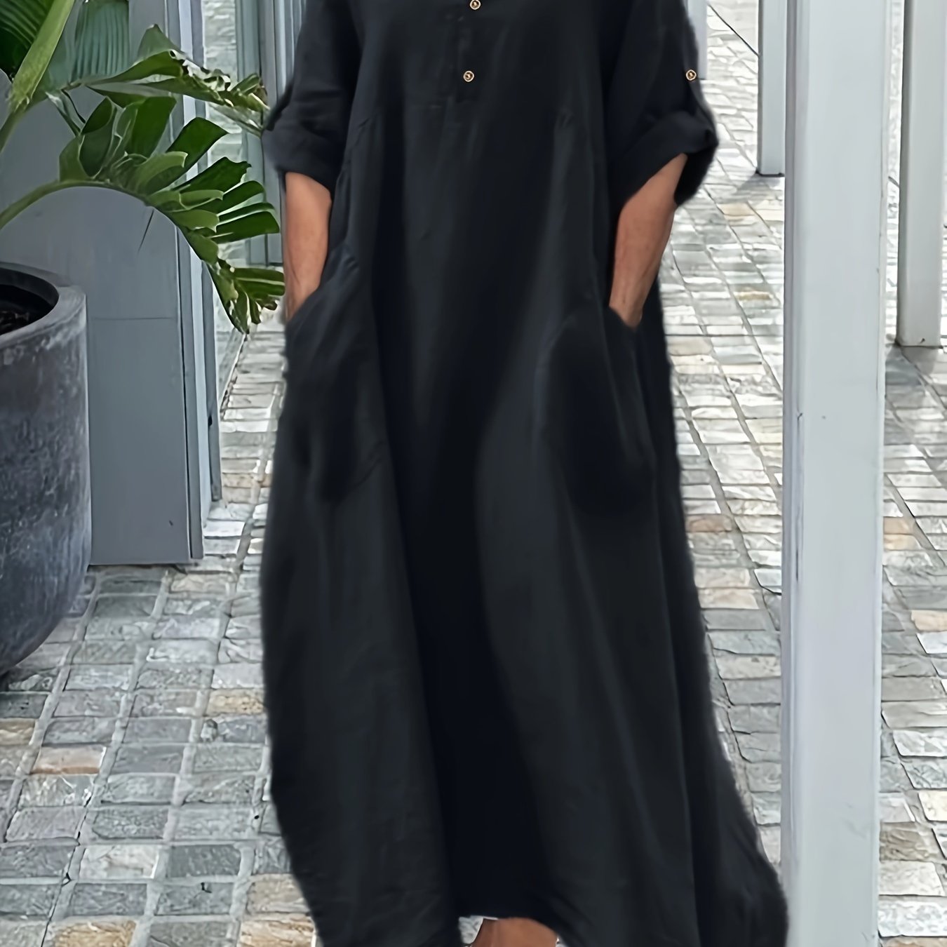 Women's Casual Loose-Fit Solid Color Dress with Round Neck and Button Details