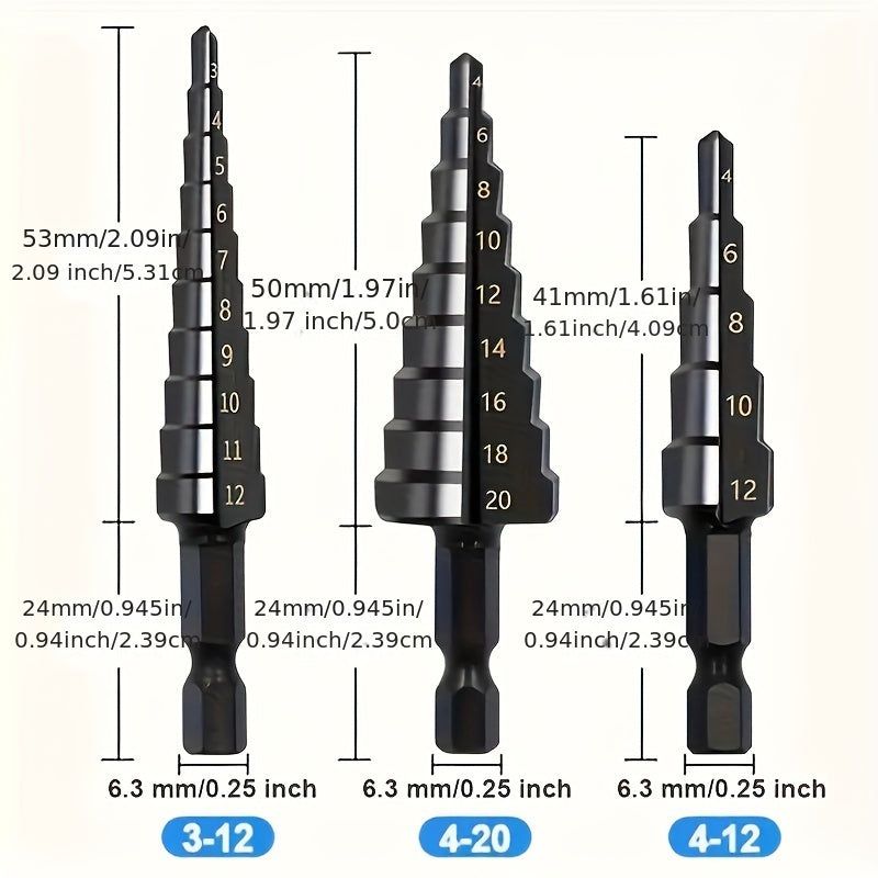 3pcs Titanium Coated High Carbon Steel Step Drill Bit Set Rust Water-Resistant for Carpentry