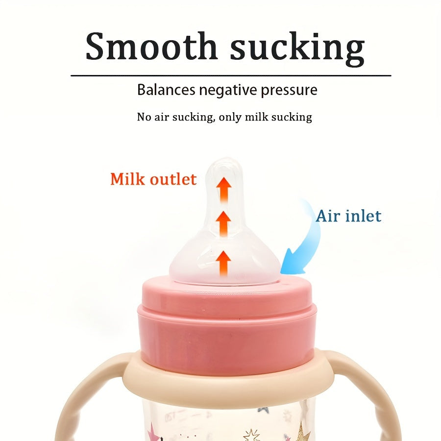 330 мл бутылка большого объема с широким диаметром, ручками и ударопрочным материалом PP. С рисунком в виде мультяшной звезды, это идеальная бутылочка для кормления для младенцев.