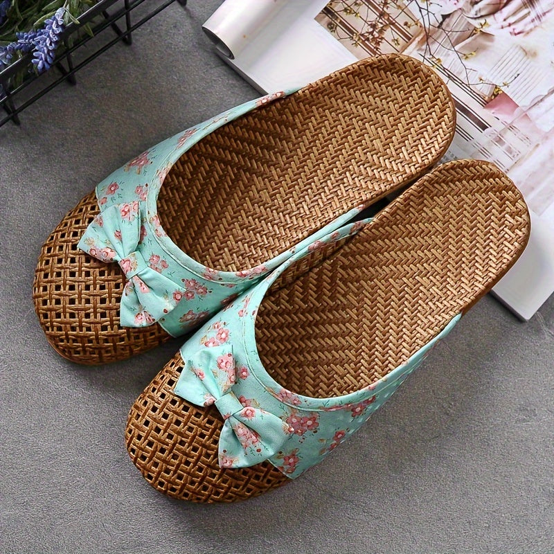 Women's Summer Straw Indoor Slippers Non-Slip Thick Sole Floor Linen