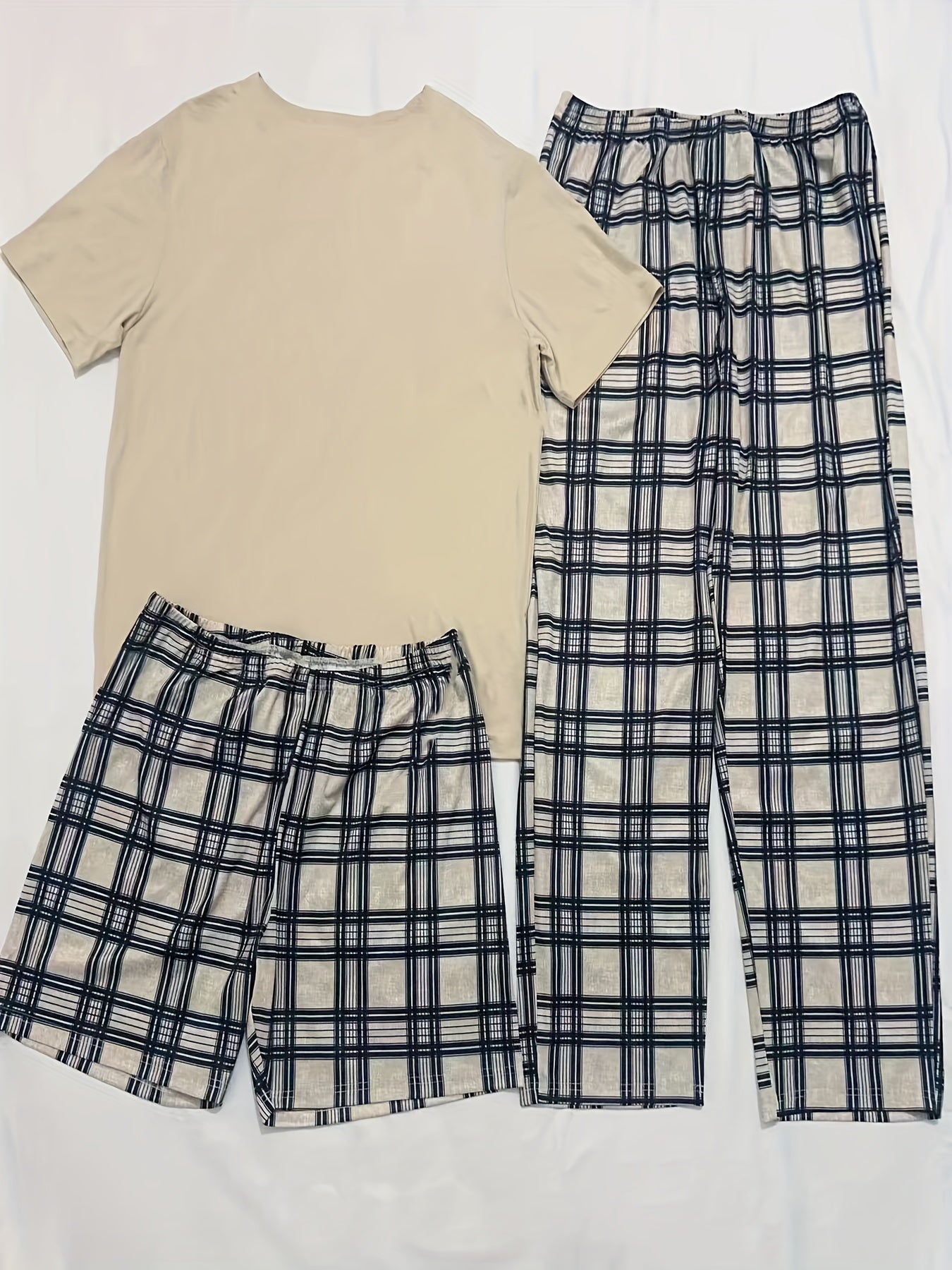 3-Piece Plaid Pajama Set Short Sleeve Crew Neck Top with Pocket Medium Stretch Polyester All-Season Comfort