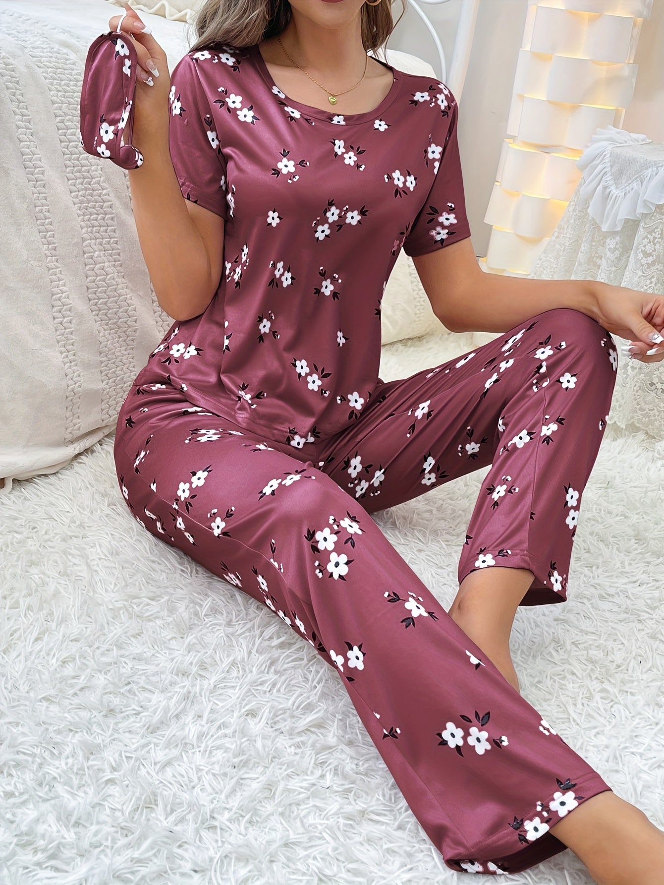 Women's Floral Print Sleepwear Set with Short Sleeve Top and Pants Summer Pajama Lounge Set