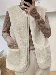 Women's Winter Lamb Vest Sleeveless Plush Jacket with Pockets and Zipper Front
