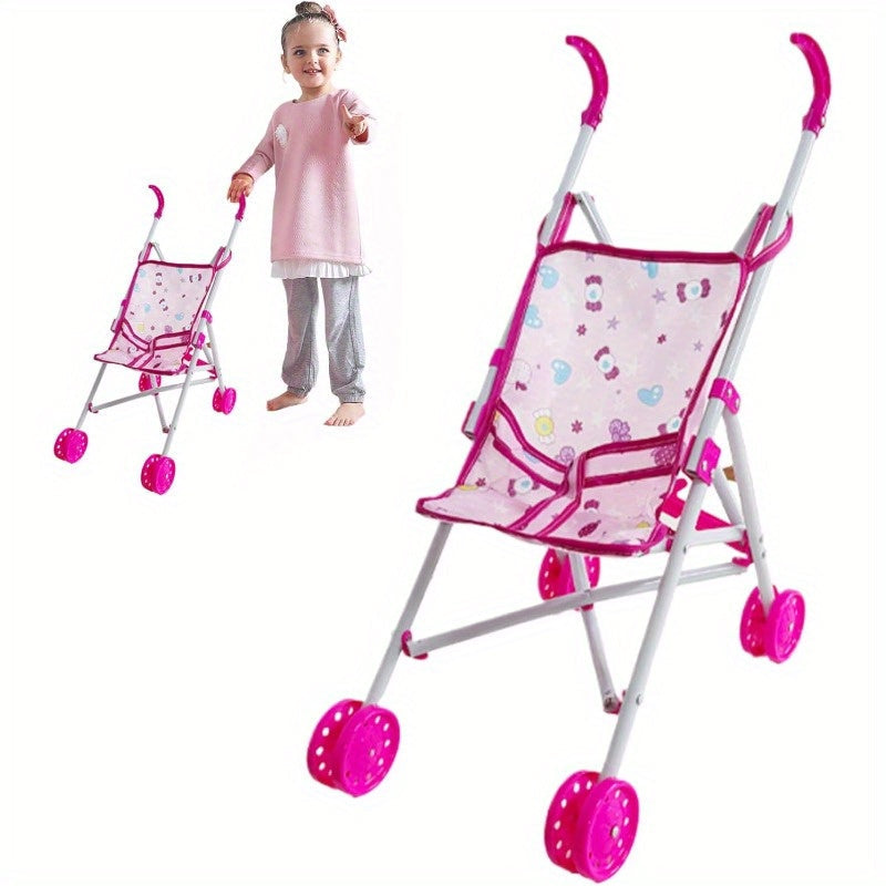 Durable Plastic Doll Stroller with Cartoon Pattern for Kids Ages 3-6