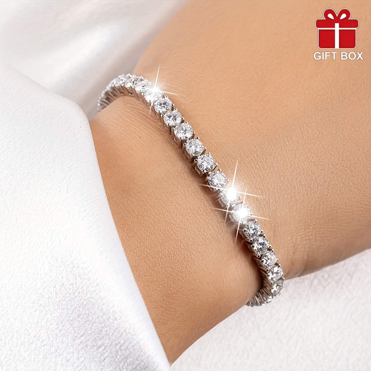 Women's Titanium Steel Tennis Bracelet with Cubic Zirconia 14K Gold Plated Gift Box